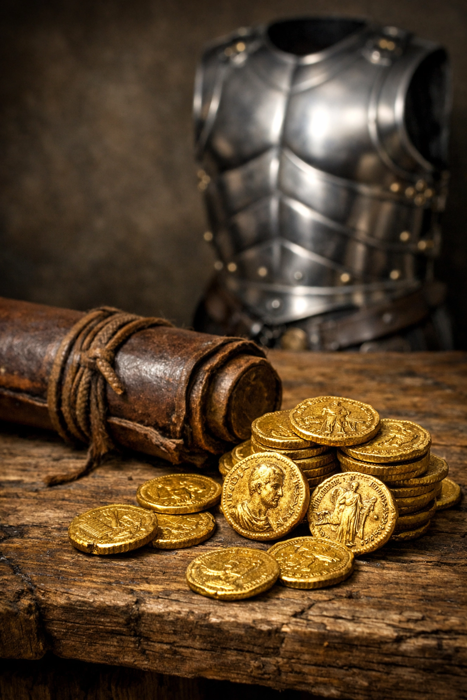 Ancient gold coins and a scroll beside a breastplate representing the Warrior-Steward financial code.