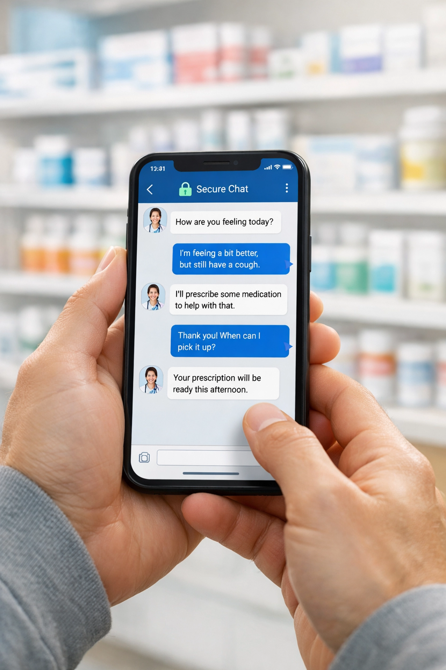 Person using secure medical messaging on a phone to chat with a doctor 24/7 for a prescription.