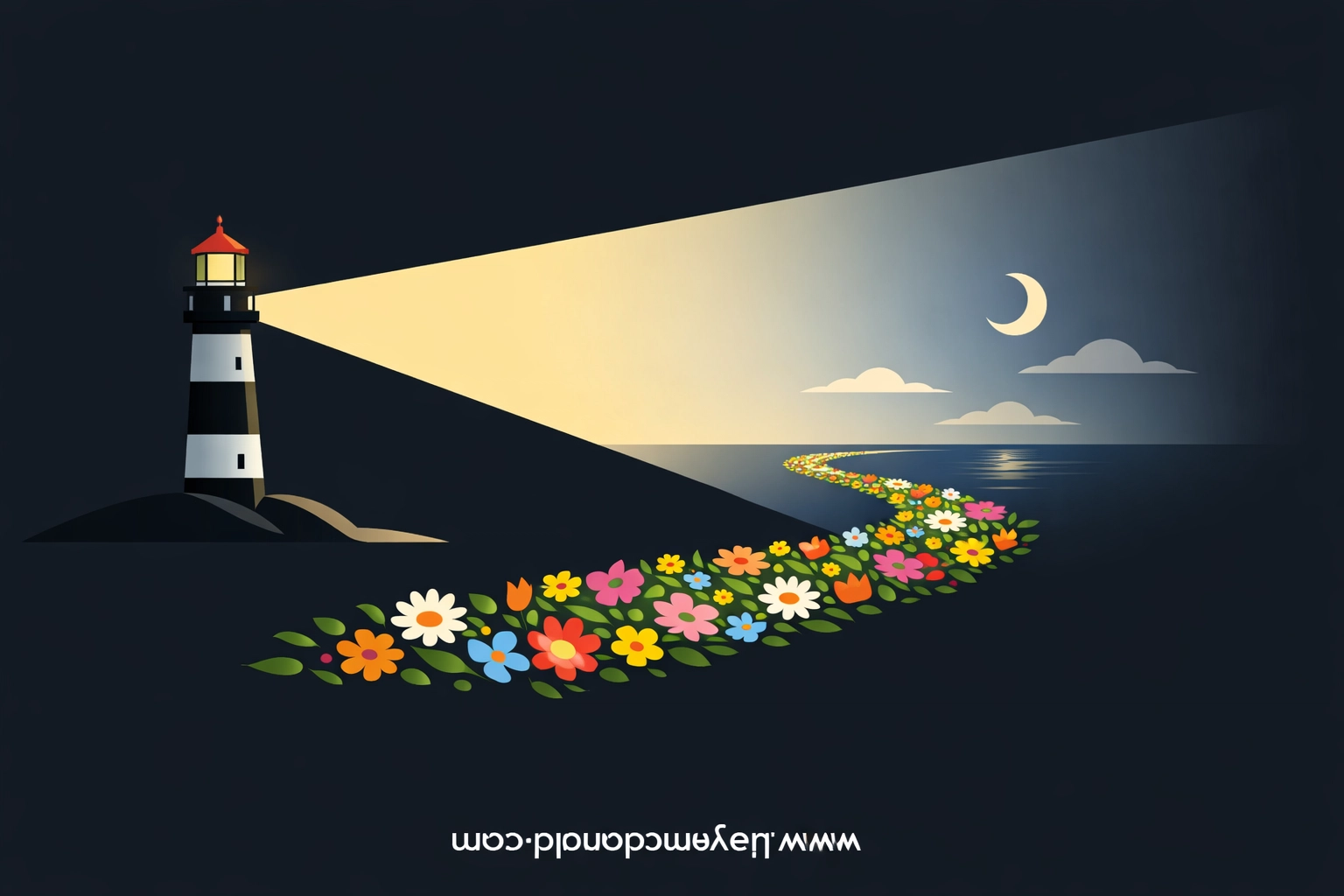 A lighthouse beam illuminating flowers, representing a shift toward gratitude and God's goodness.