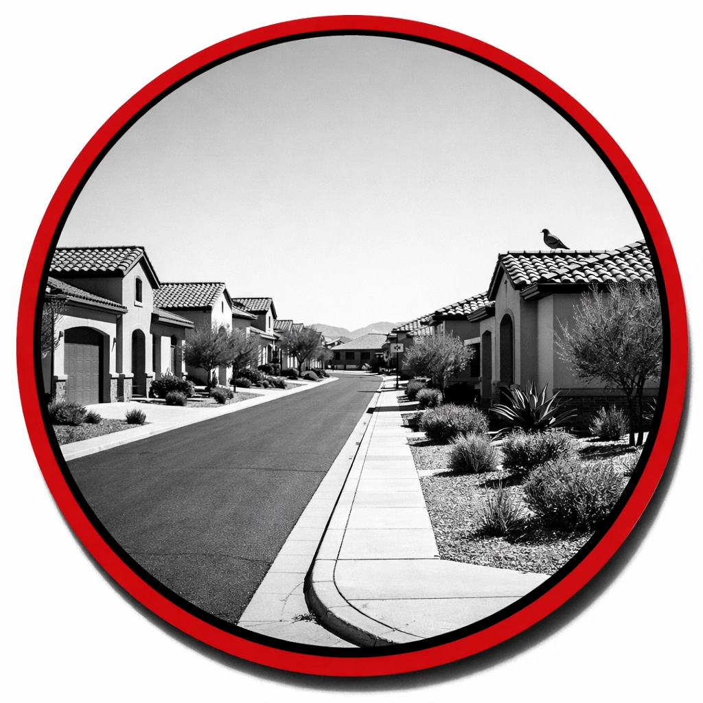 Coolidge AZ desert neighborhood with pigeon on rooftop highlighting pigeon control and exclusion