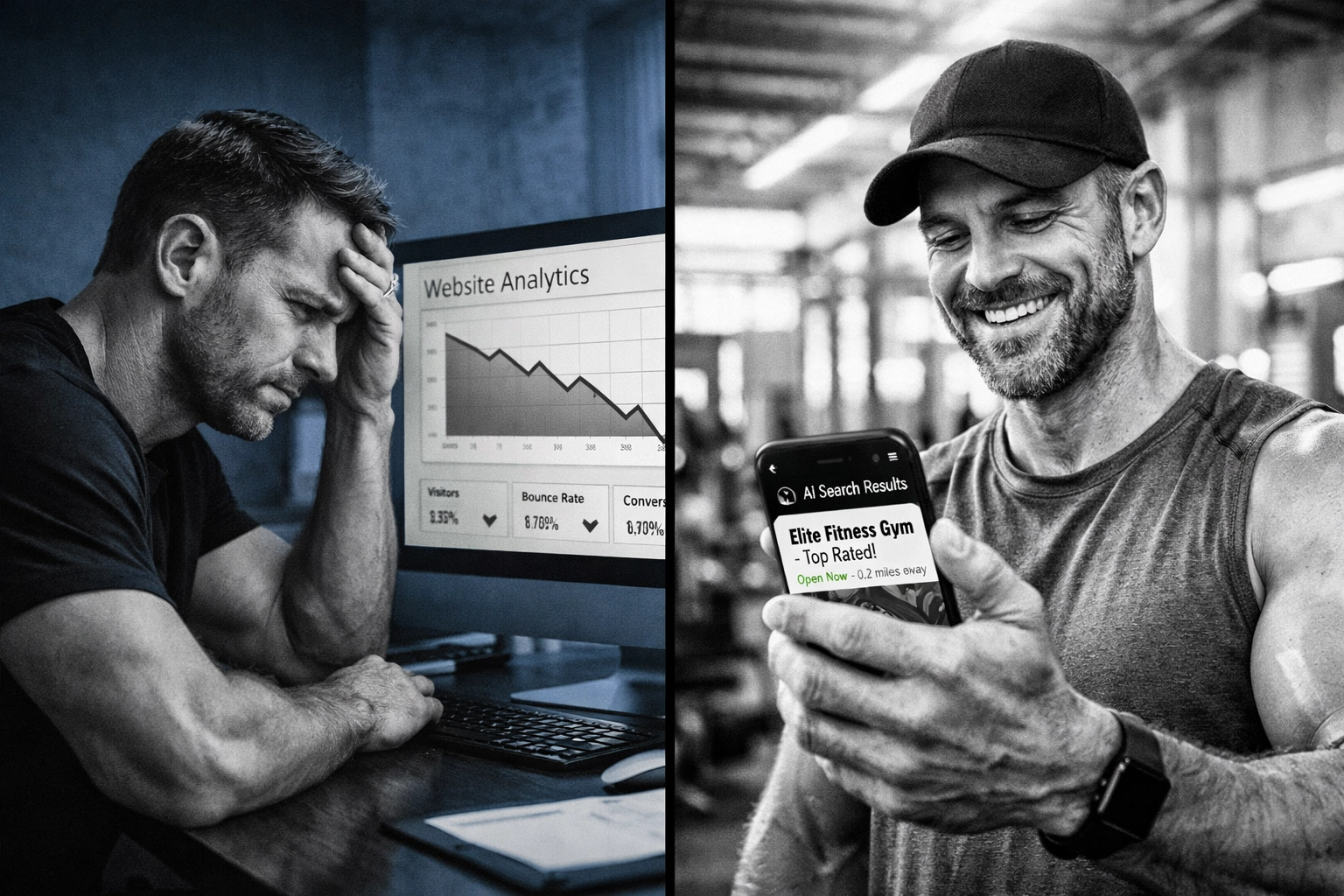 Comparison of struggling gym owner with outdated SEO versus successful owner using AI search optimization