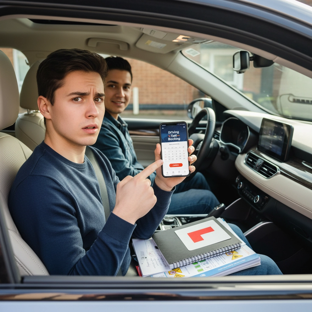 Two people in a car, one pointing at a phone displaying "Driving Test Booking" app. A learner's guide and "L" plate visible.
