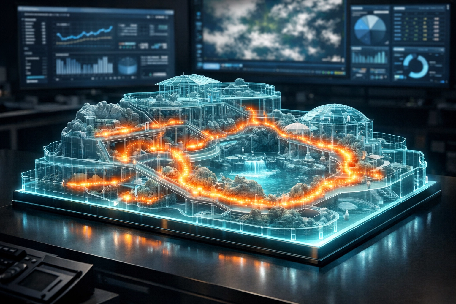 Digital twin of a zoo habitat display showing heatmaps of visitor movement and crowd flow patterns.