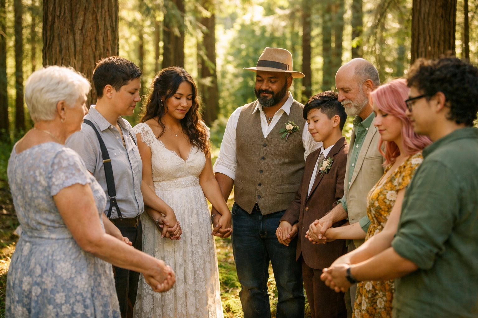 Chosen family circle holding hands during intimate LGBTQ+ forest wedding ceremony