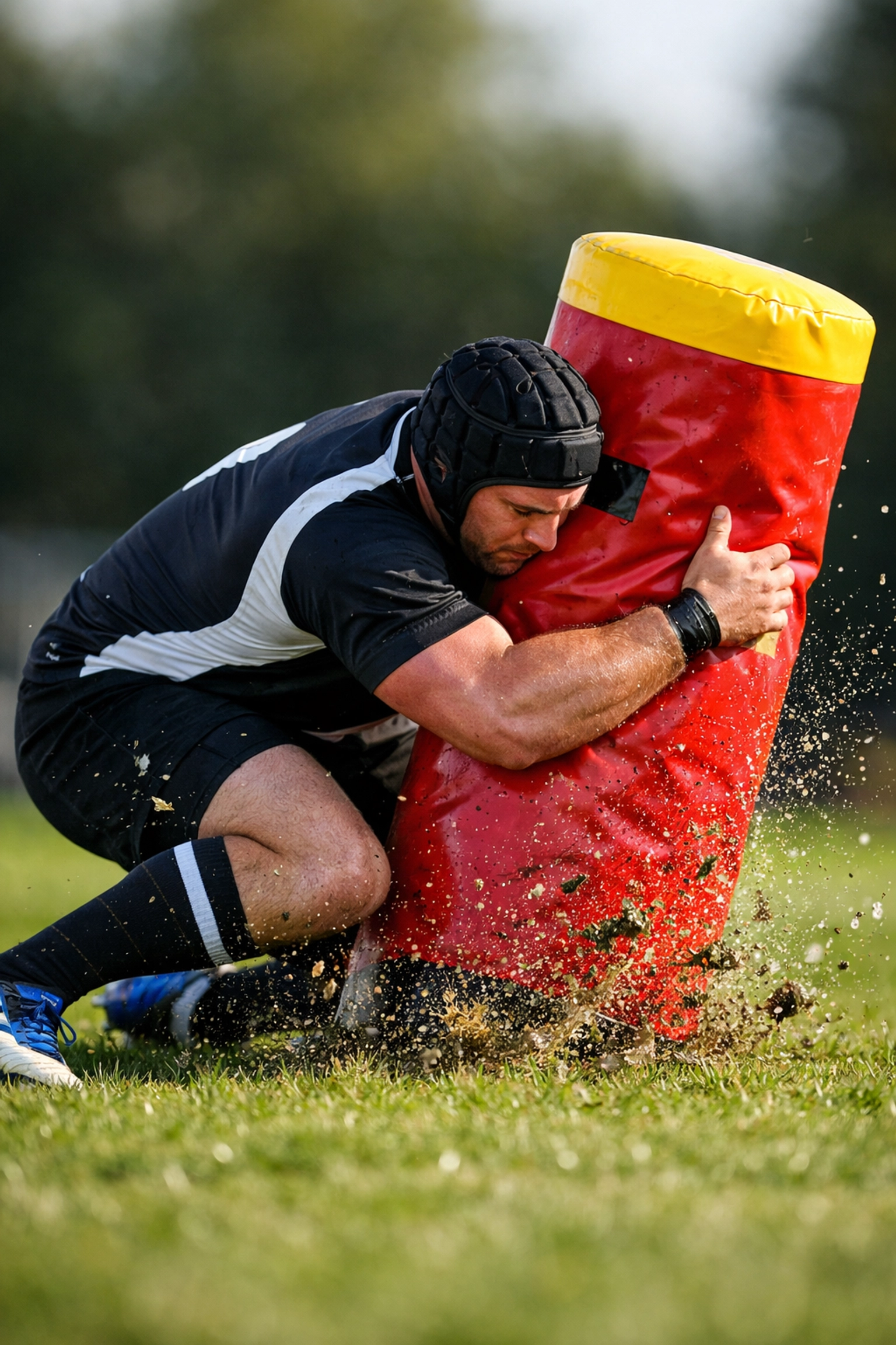 Rugby player demonstrating safe tackle technique on a training shield during a youth rugby clinic.