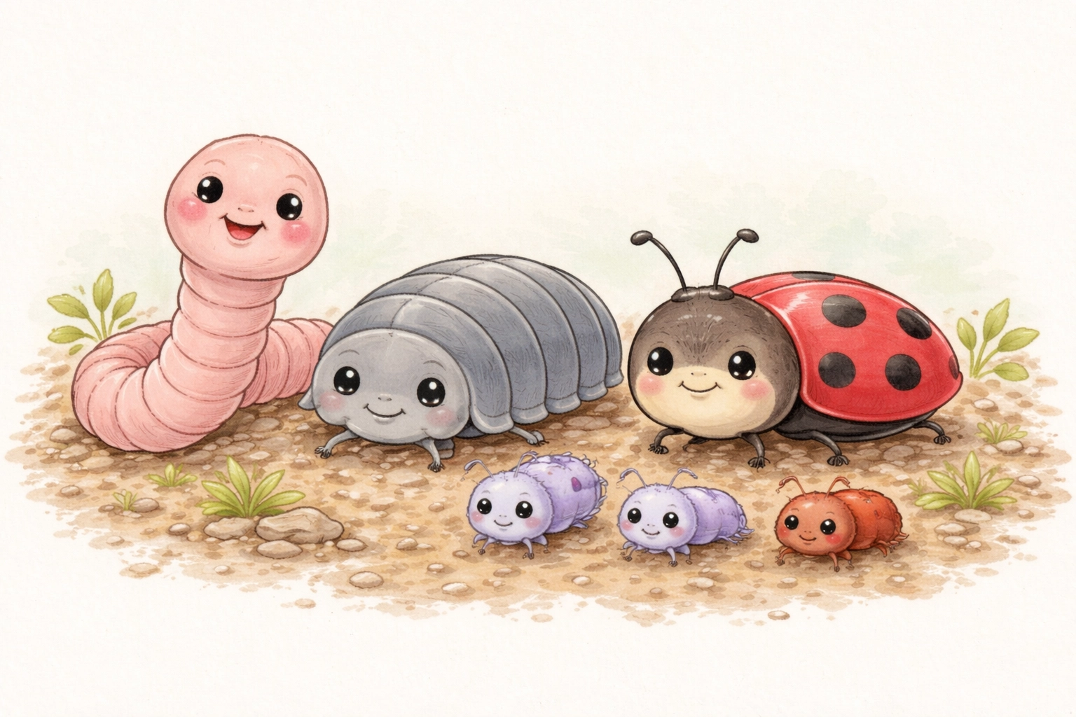 Cartoon lineup of soil creatures like earthworms, sow bugs, beetles, and springtails for teaching kids soil diversity