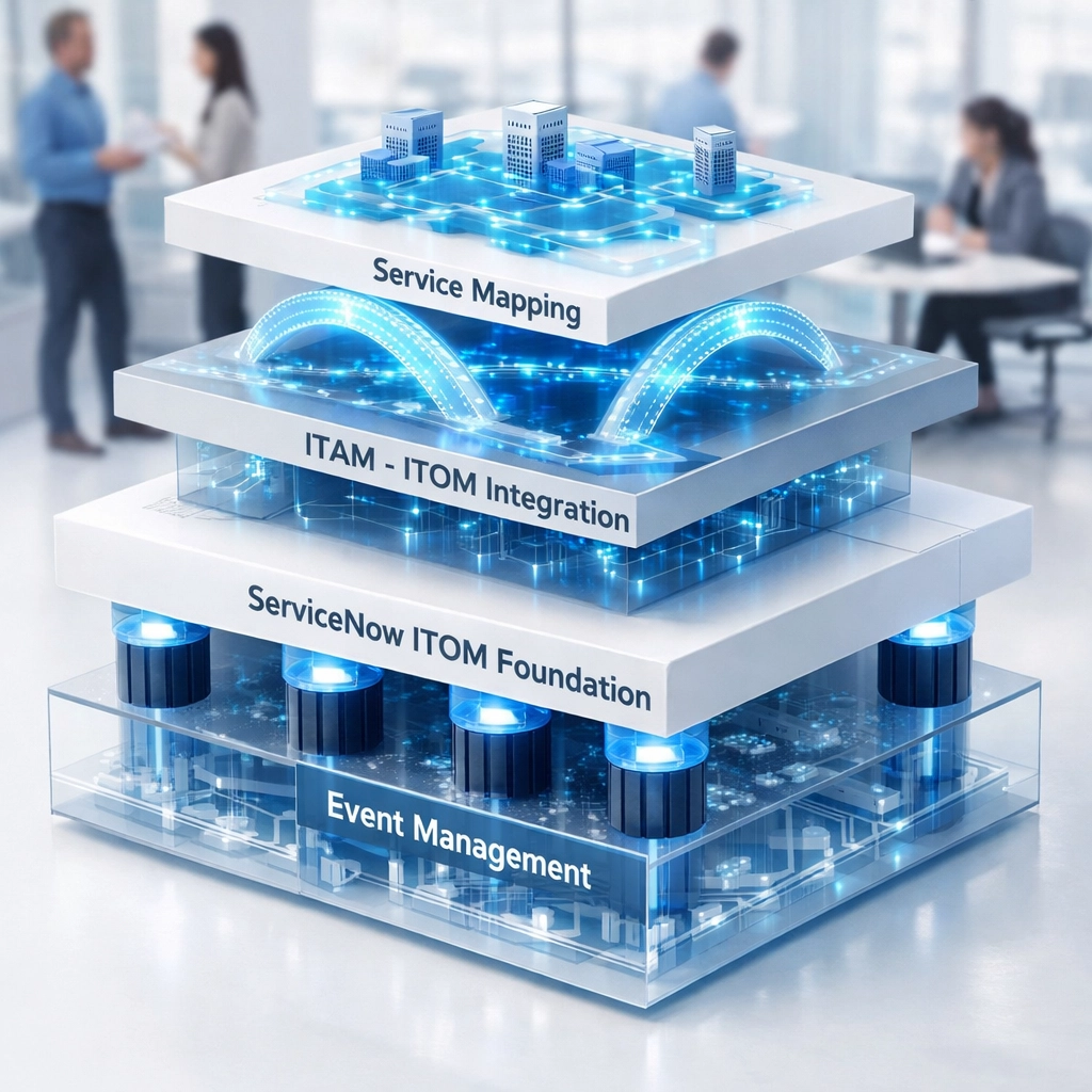 ServiceNow ITOM foundation architecture showing Service Mapping, ITAM integration, and Event Management layers