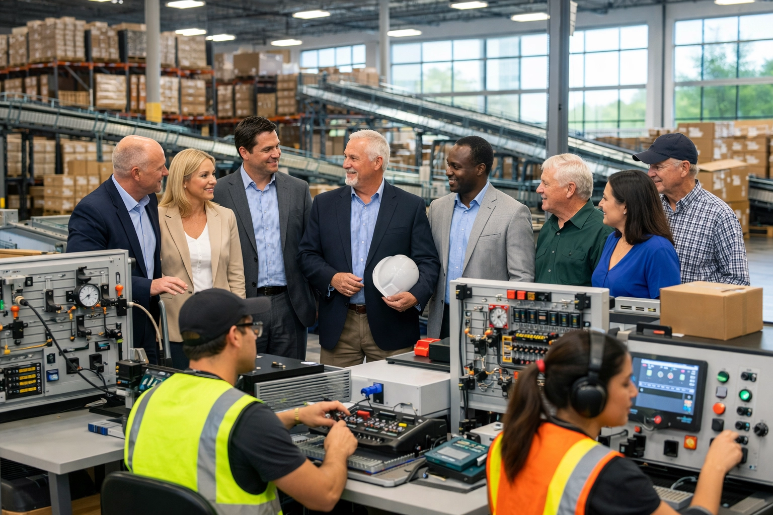 Business executives touring workforce training program in distribution center