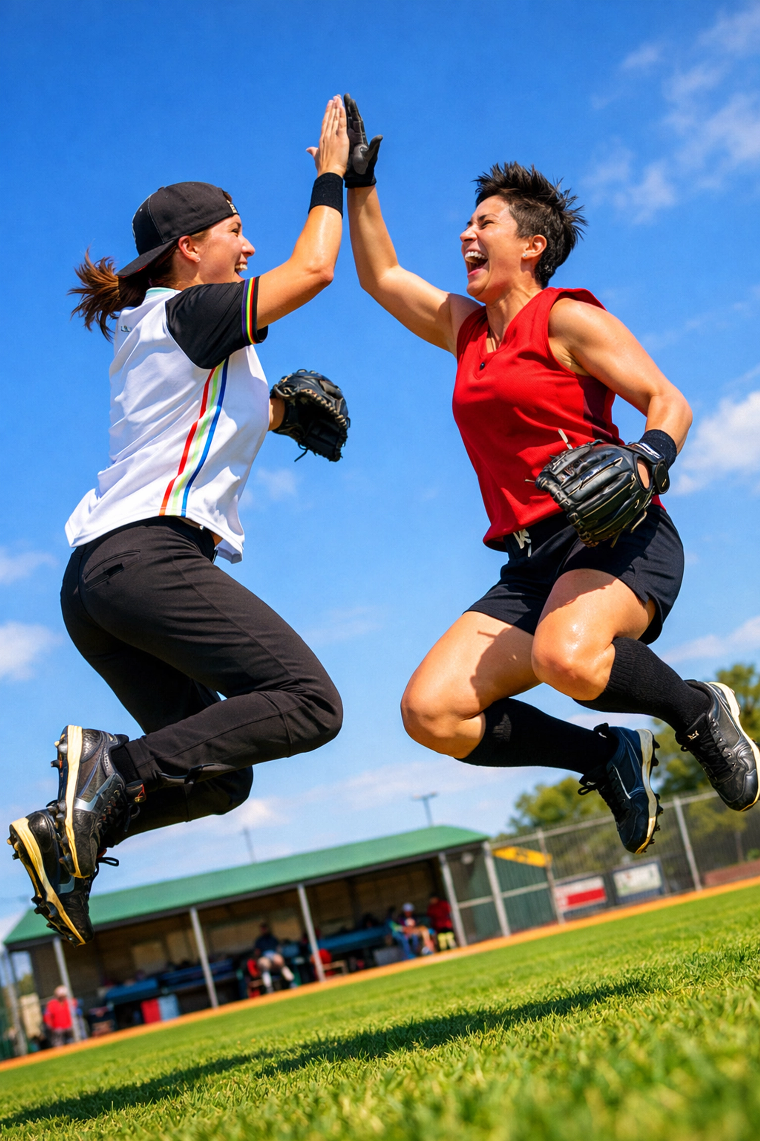 Two queer women high-fiving on a softball field, celebrating team camaraderie and LGBTQ+ community sports.