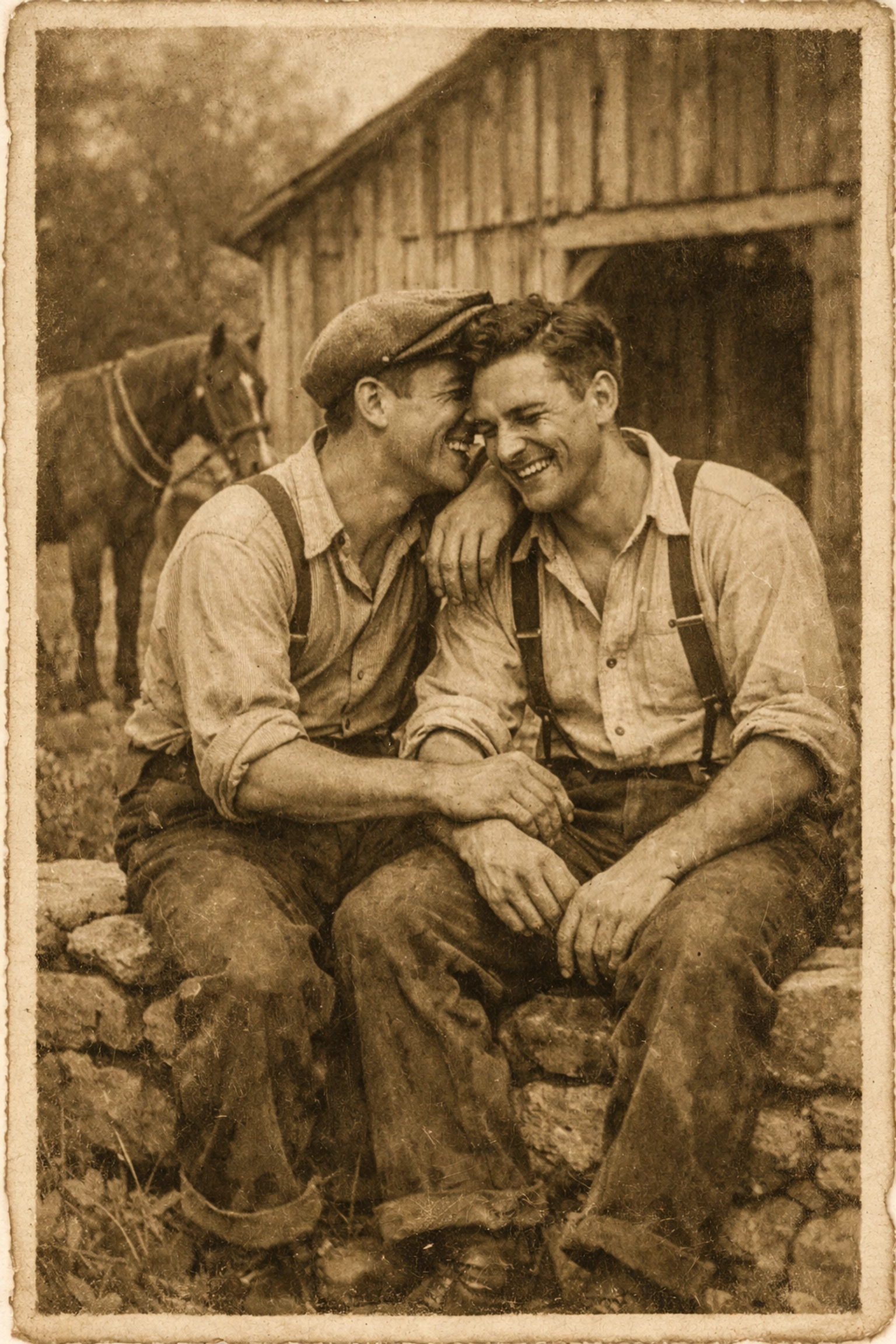 Vintage sepia photo of gay men sharing a private laugh on a historic horse farm.