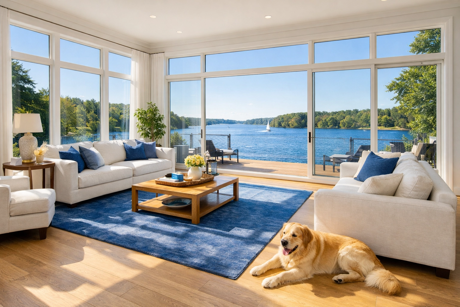 Eco-friendly luxury lakefront cleaning in a Shrewsbury living room overlooking Lake Quinsigamond.
