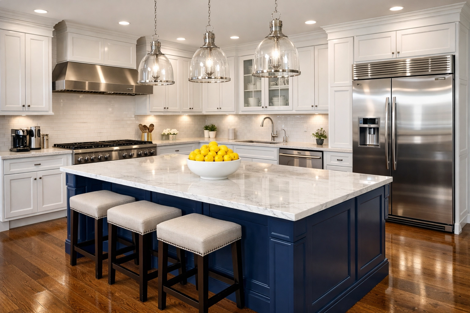 Luxury Orleans kitchen with sparkling surfaces after professional bi weekly house cleaning.