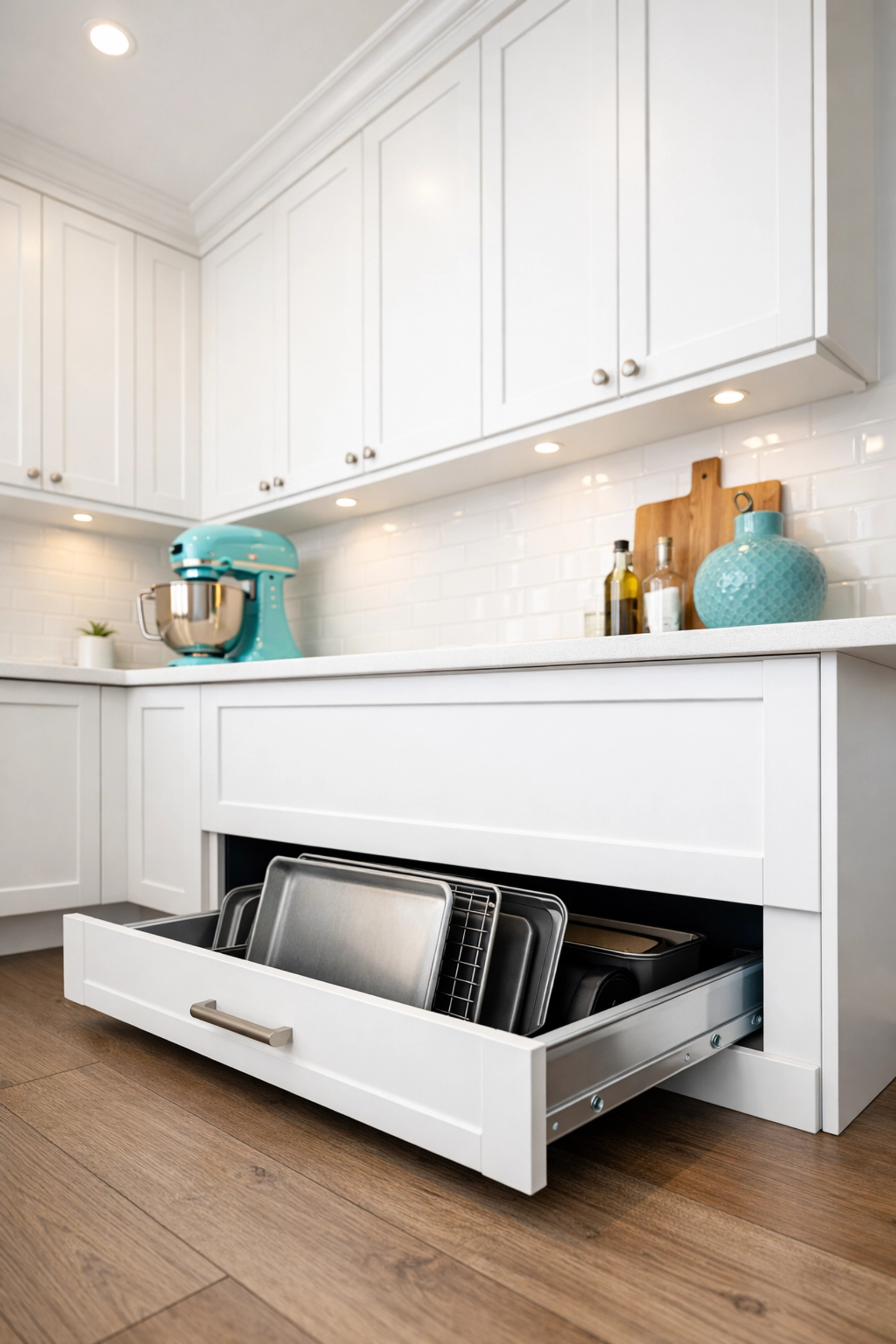 Custom kitchen renovation in Saskatoon featuring space-saving toe-kick drawers under white cabinetry.