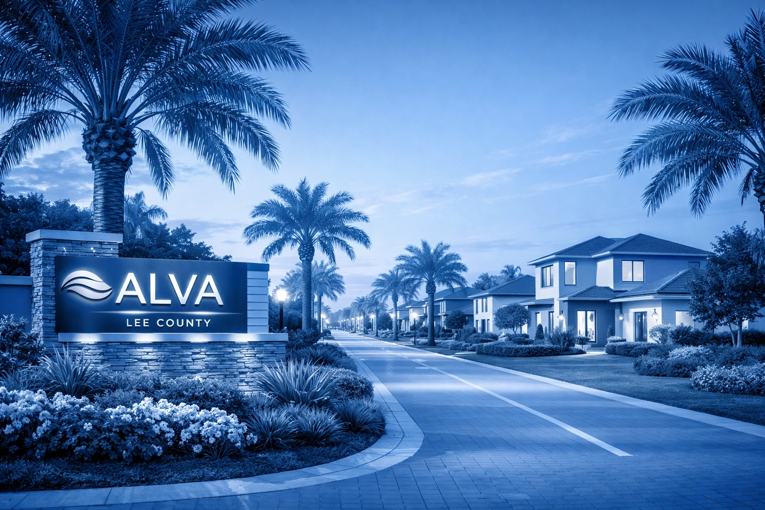Gated community entrance in Alva, Florida with master-planned homes and tropical landscaping