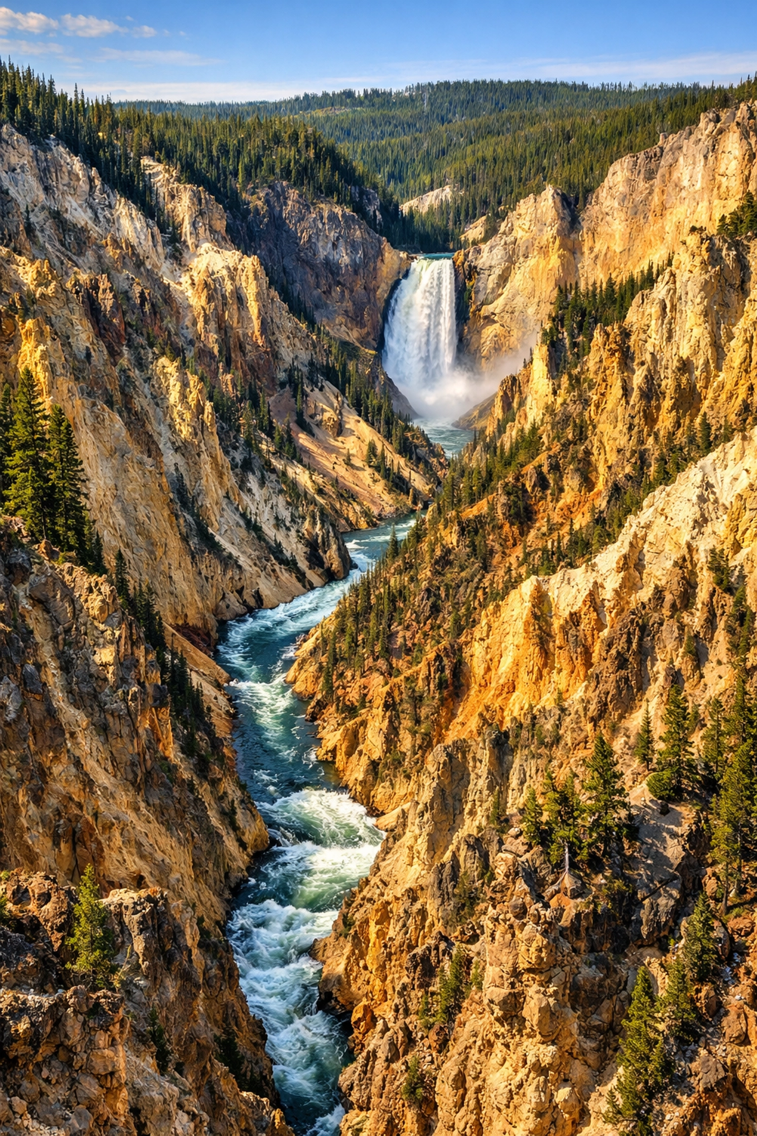 Yellowstone's Lower Falls cascading through golden canyon walls on earth science field trip