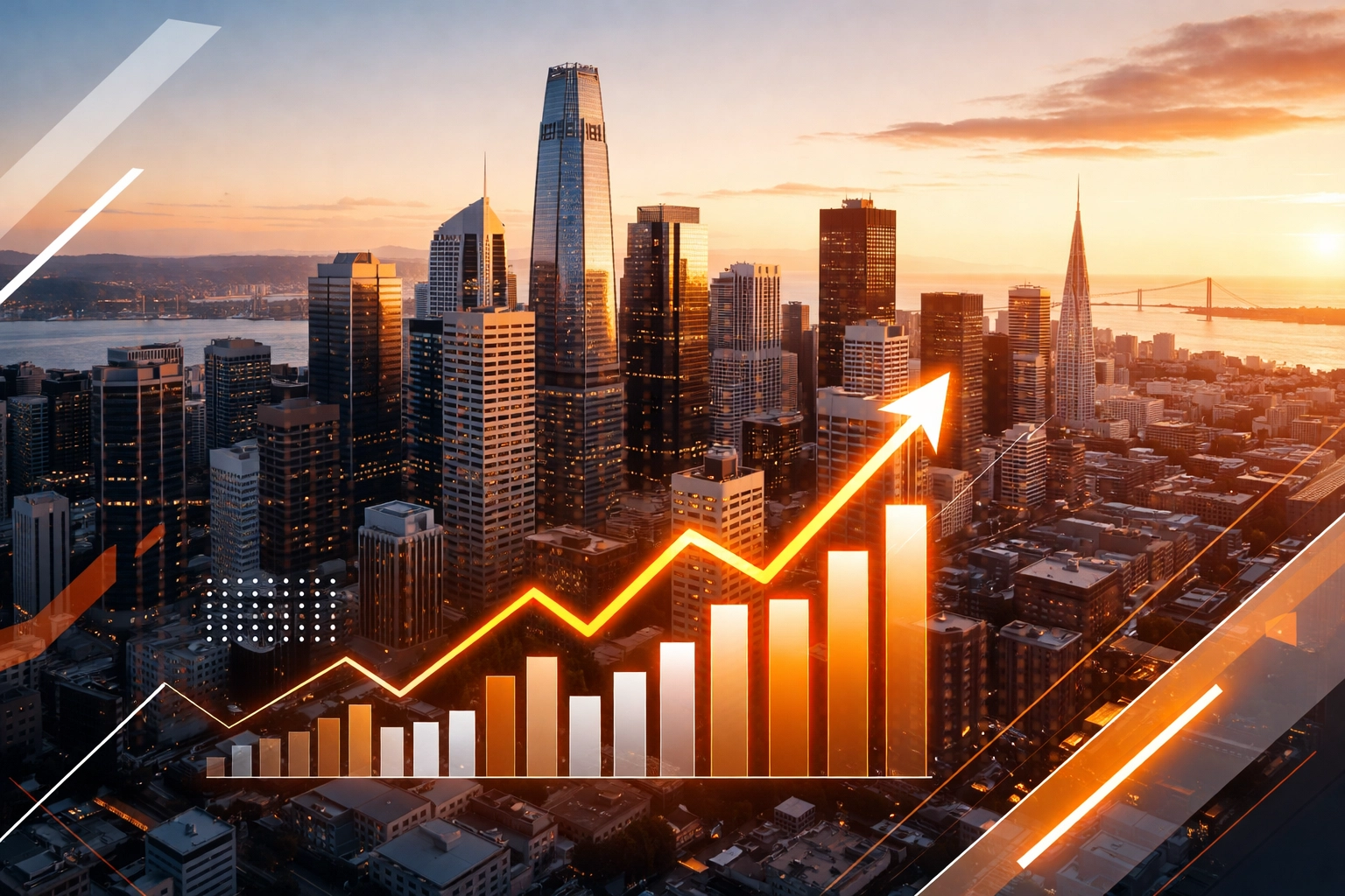 San Francisco skyline glowing at sunset with data charts, symbolizing tech growth and venture capital surge in 2026