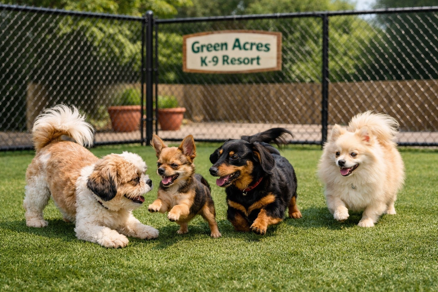 Small dogs playing confidently in size-matched group at dog daycare Boring Oregon