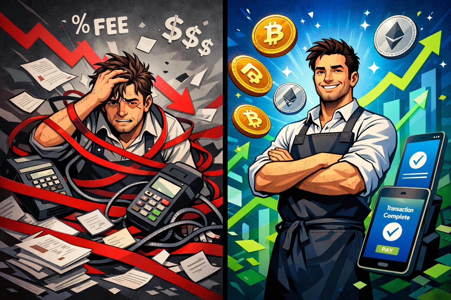 Comparison of stressed merchant with traditional payments versus confident crypto payment adoption
