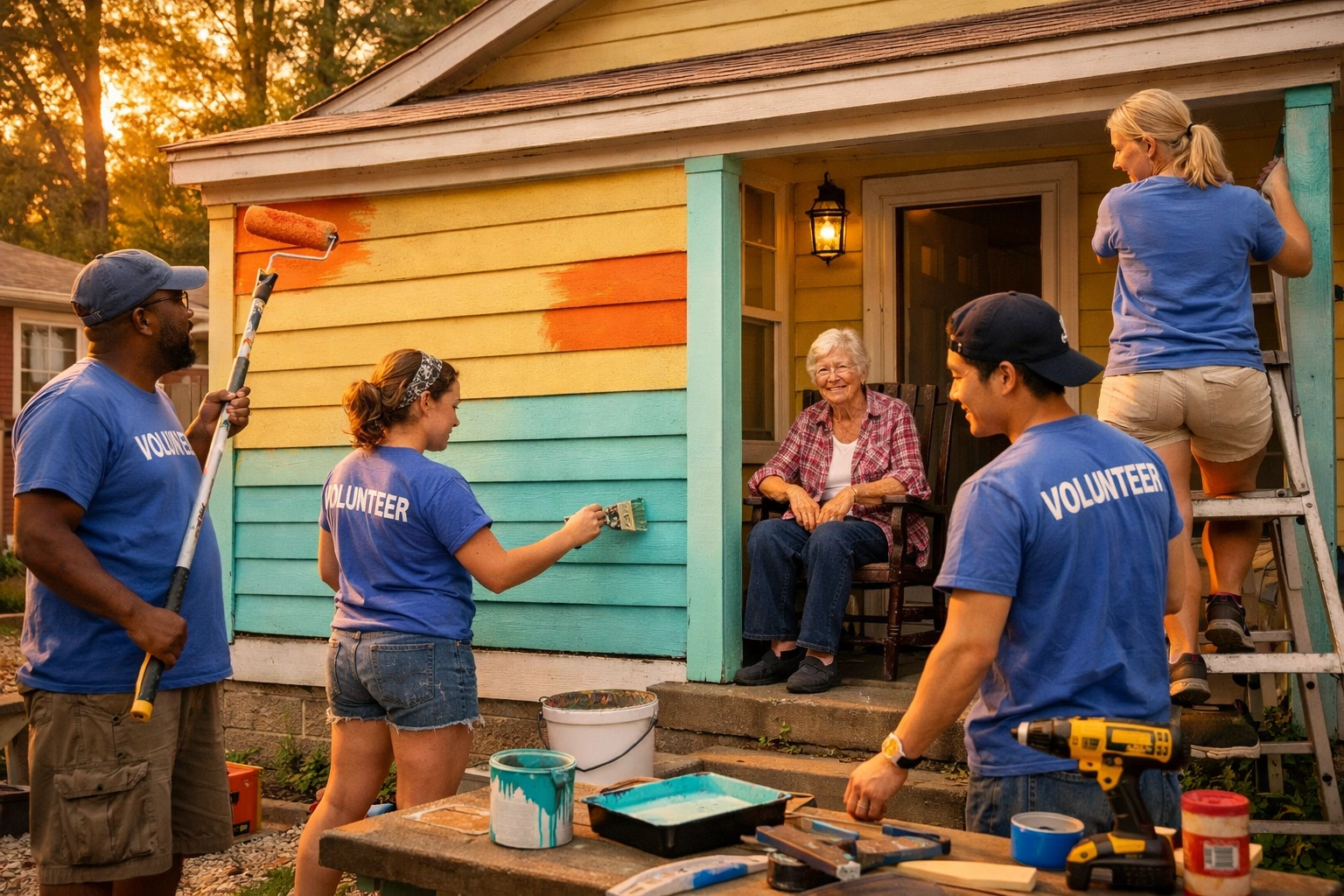 Volunteers helping elderly Hampton Roads homeowner with exterior home repairs