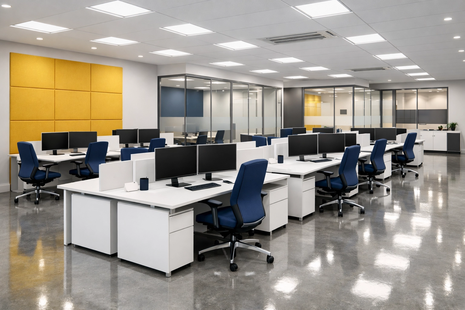 Modern open-plan office in Maynard, Massachusetts, looking pristine after expert commercial cleaning.