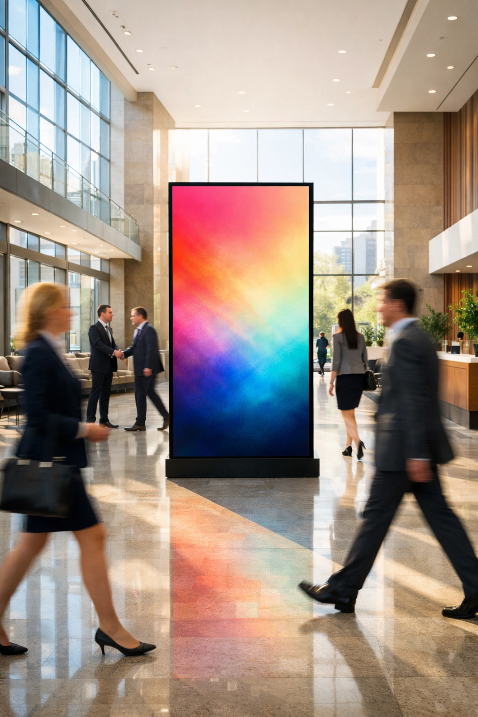 Professional corporate lobby with vertical digital signage showing high-impact branding for Dakdan Worldwide.