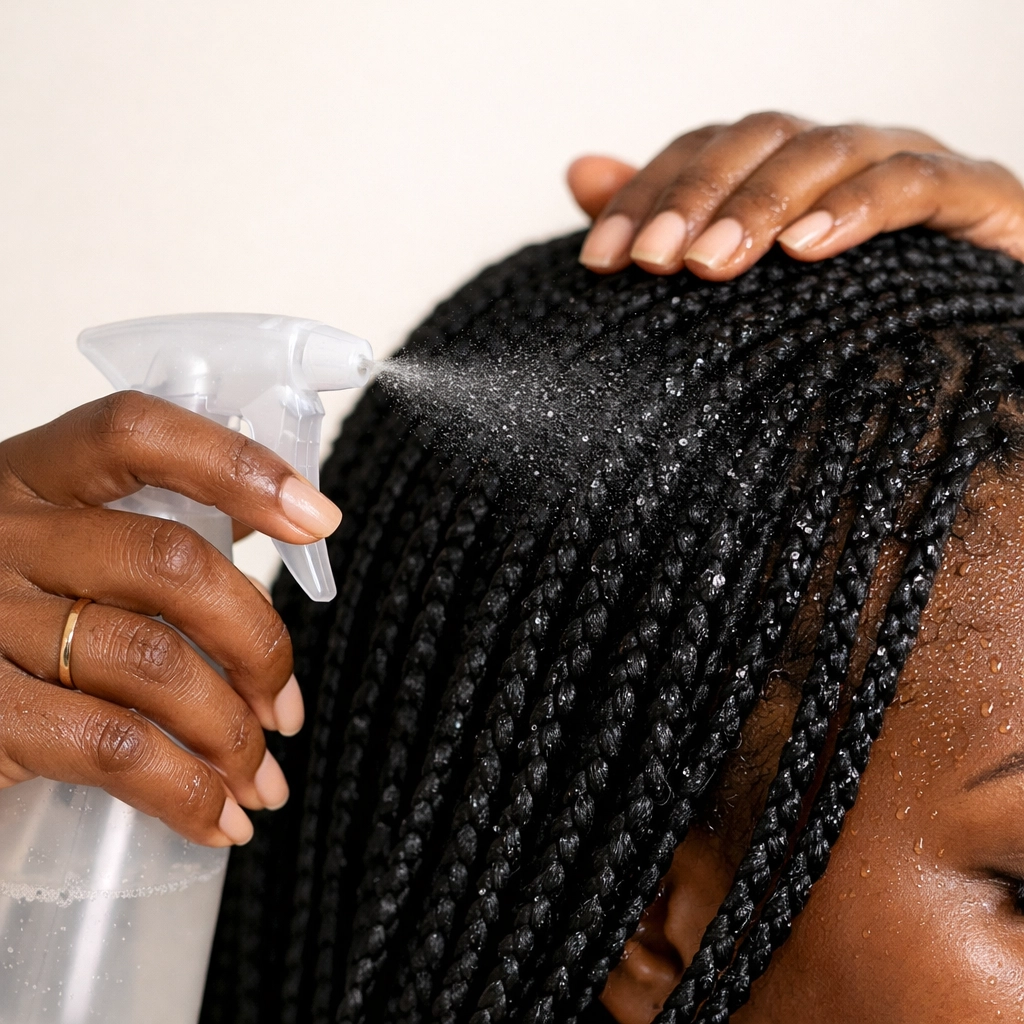 Hydrating knotless braids with water spray for winter moisture maintenance