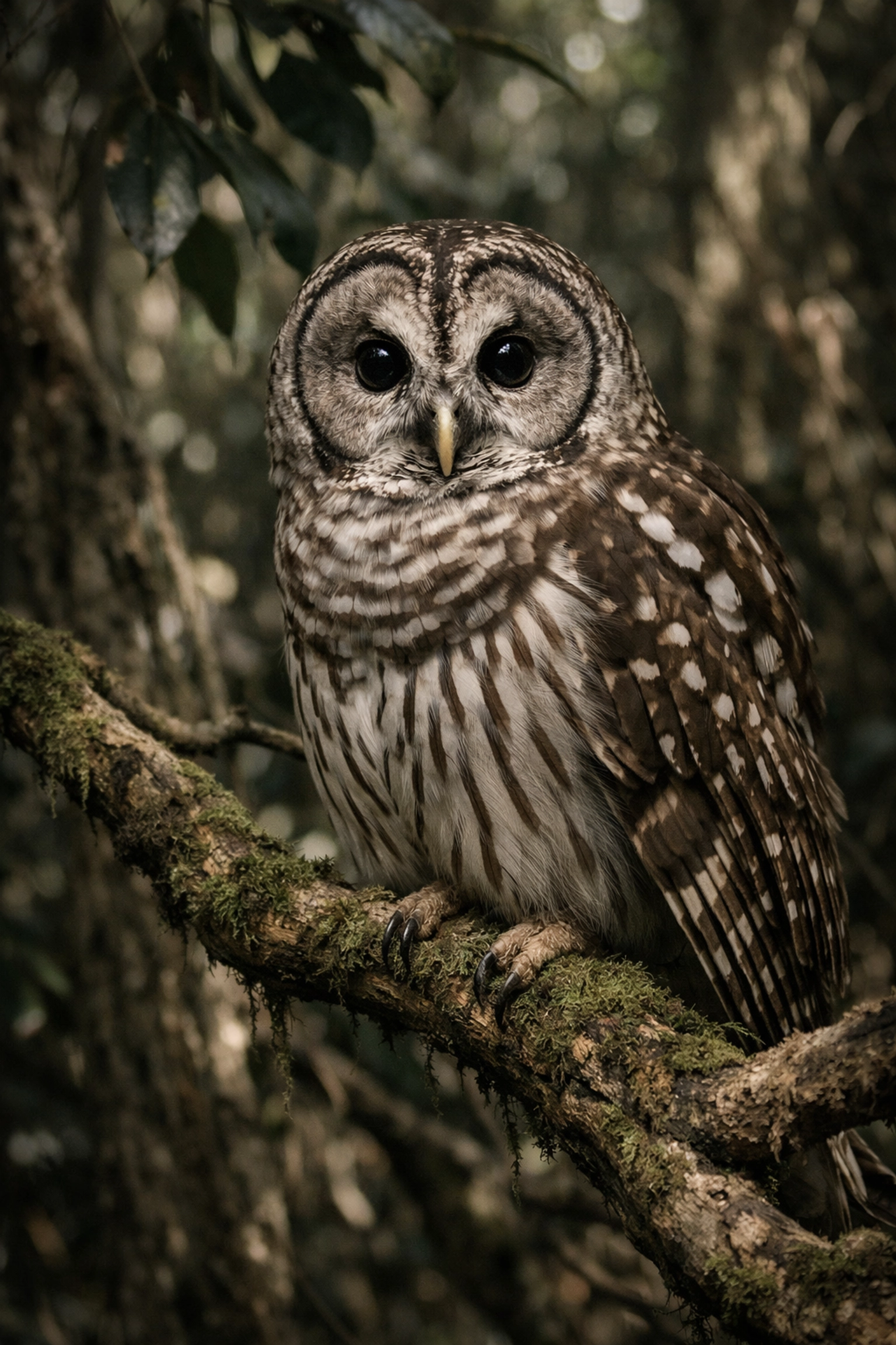 Barred Owl perched on a mossy branch in Mahogany Hammock, a unique Everglades photography location.