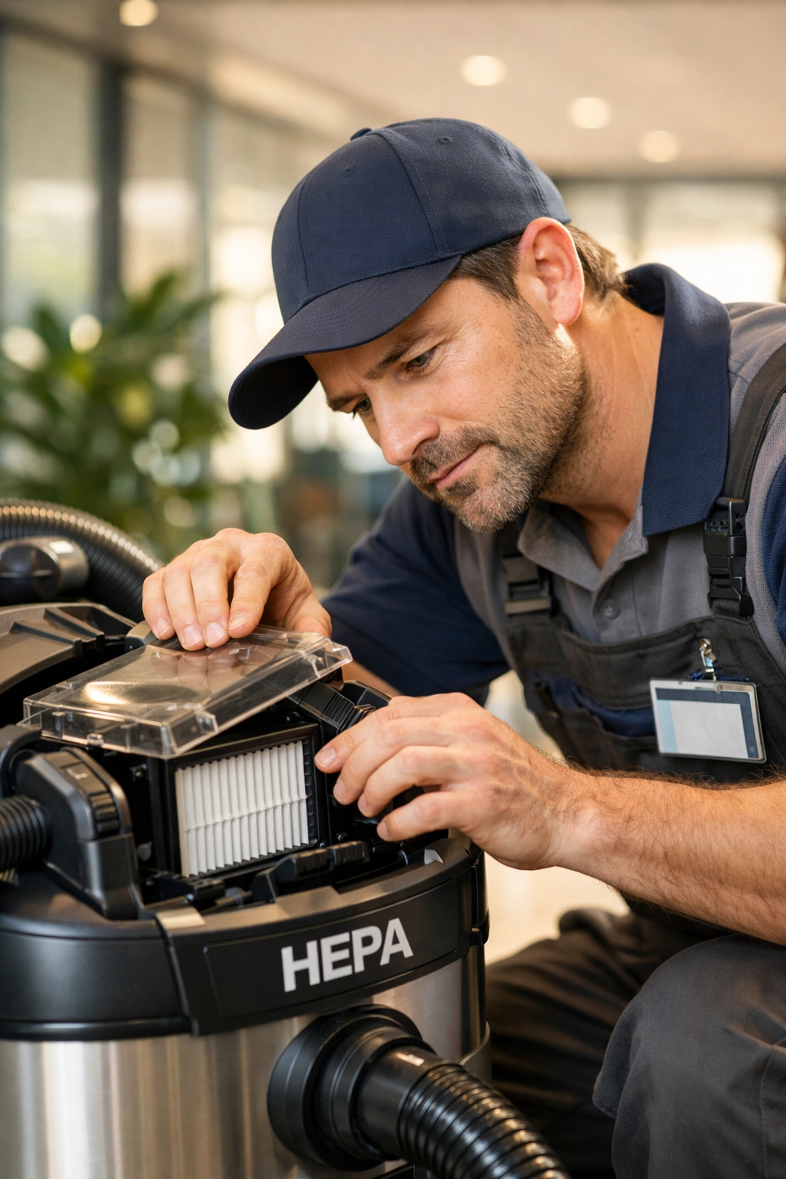 Professional cleaning technician in Simcoe County inspecting a HEPA vacuum to maintain a healthy building engine.