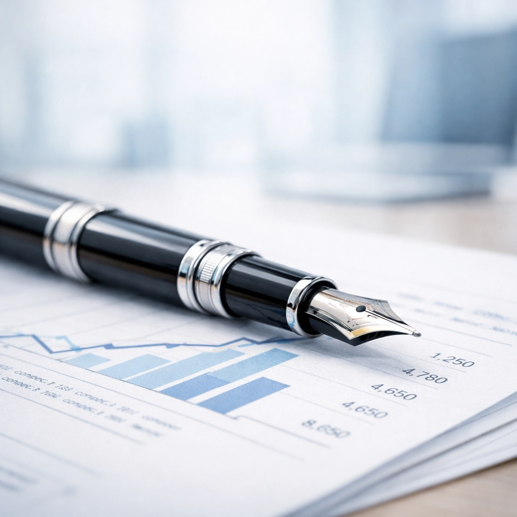 Close-up of a pen on business financial reports and profit and loss statements for a sale.