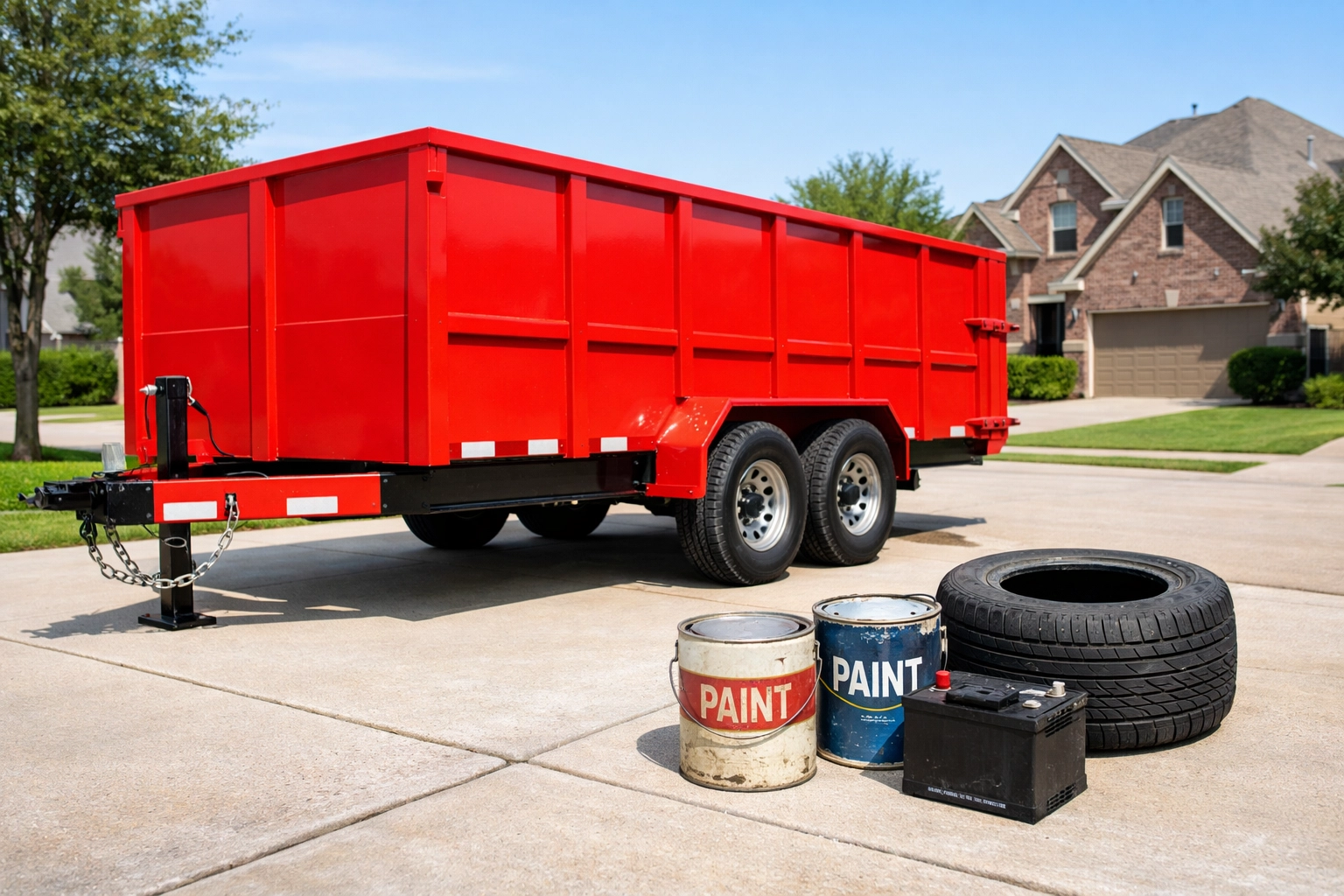 Red mobile dumpster on rubber tires parked on a driveway near prohibited waste items like old paint and tires.