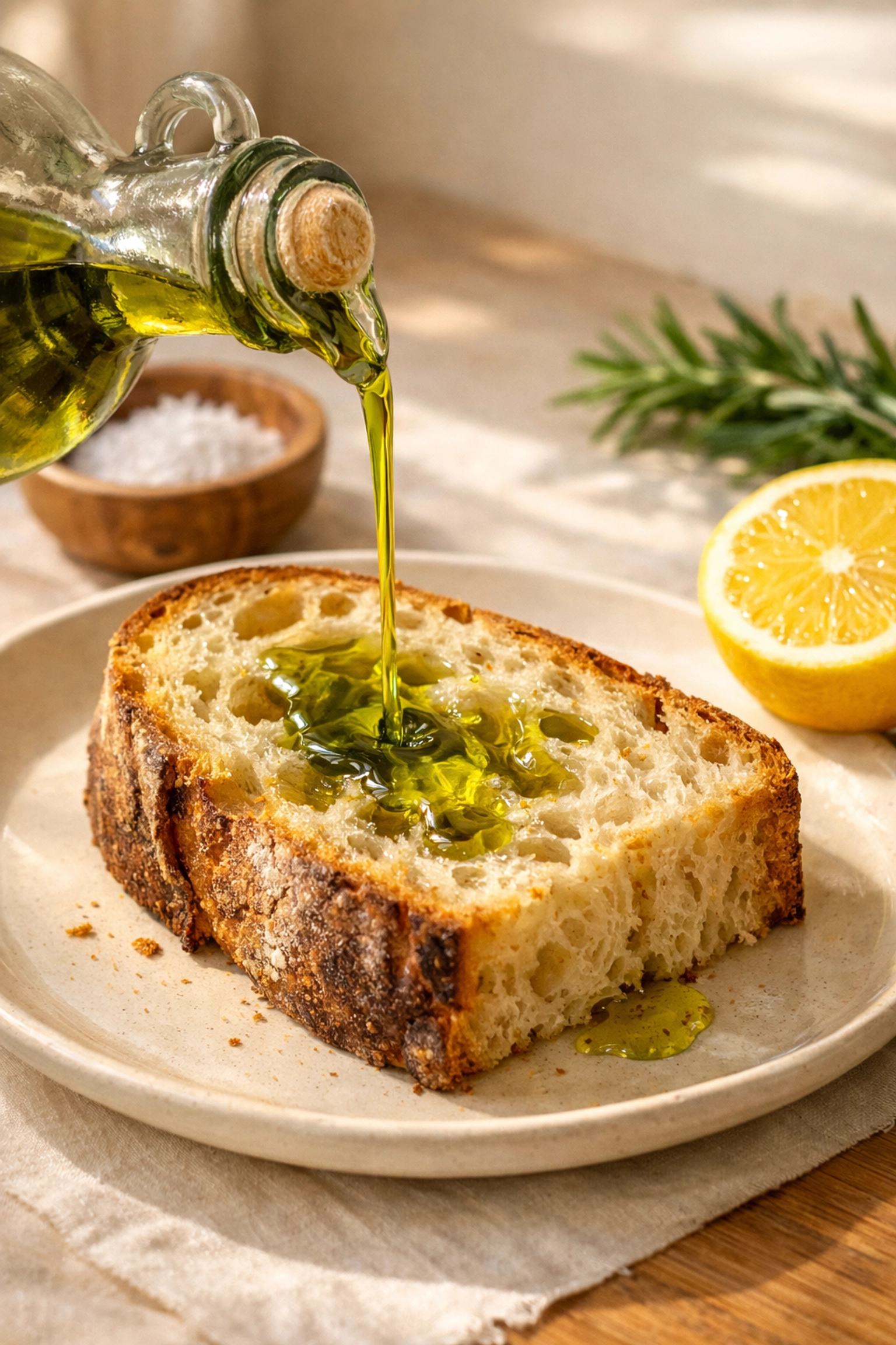 Authentic Sicilian olive oil being poured over a slice of toasted rustic bread, a traditional Italian snack.