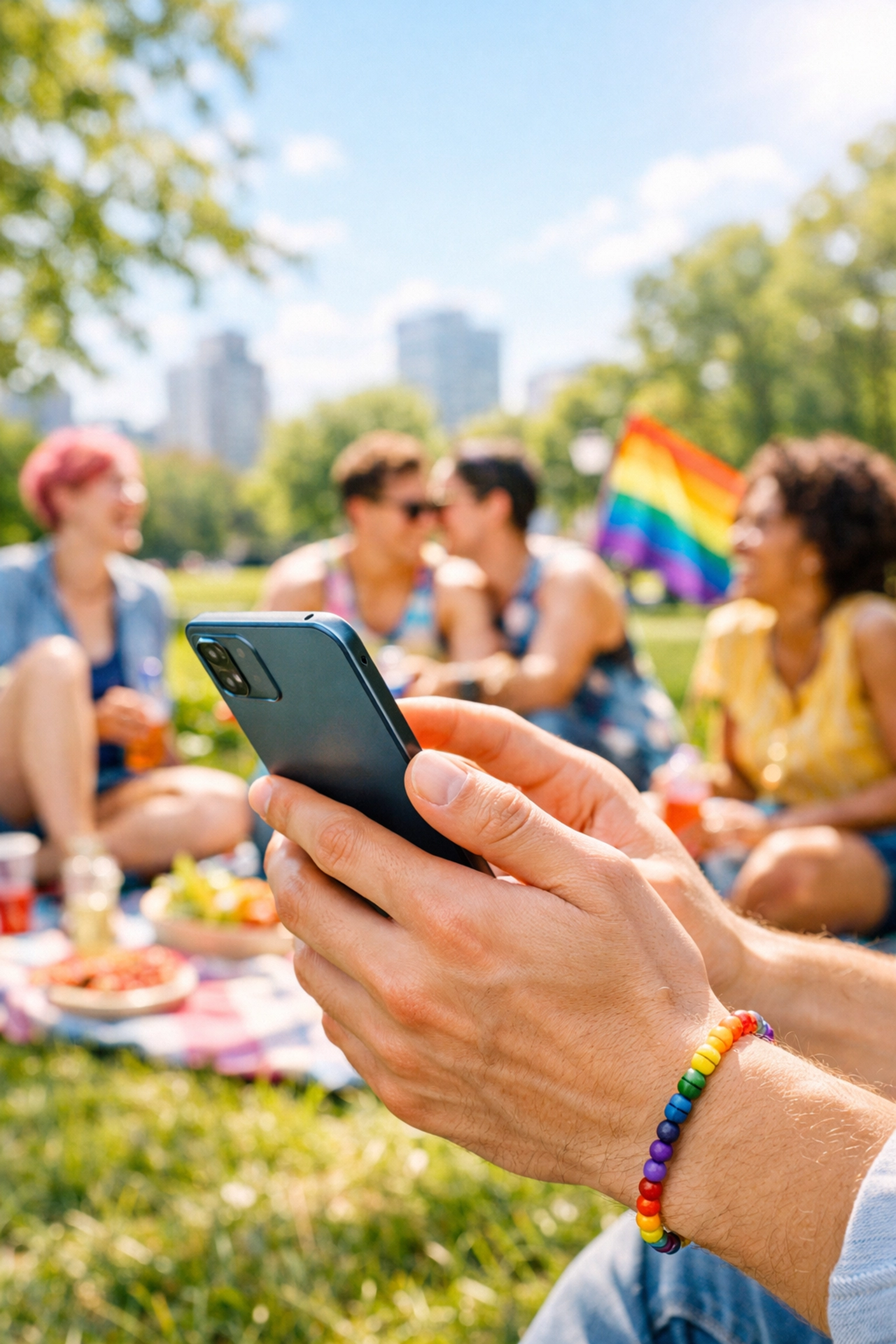 Person reading LGBTQ+ fiction on a mobile device outdoors, symbolizing the future of queer reading.