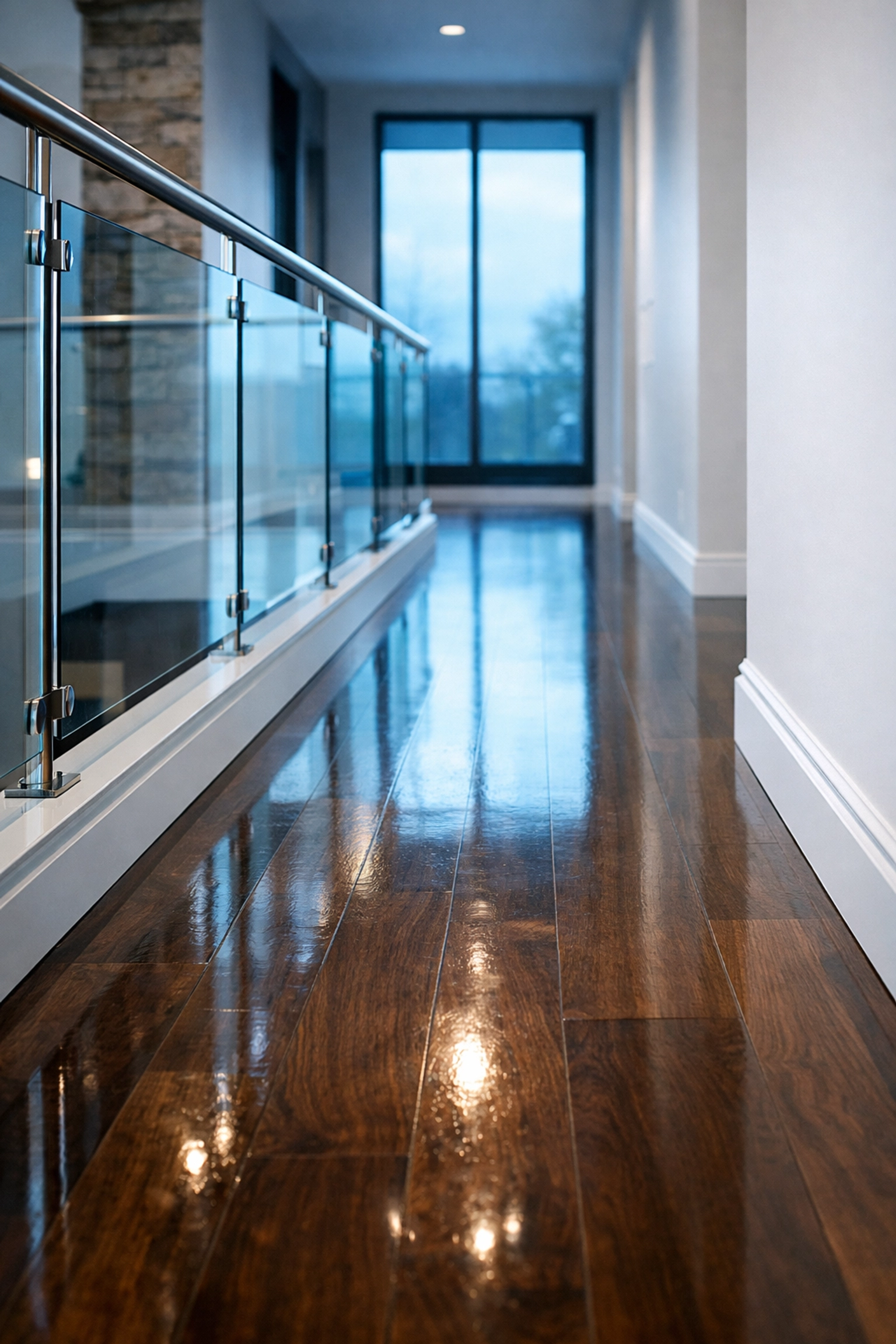 Polished hardwood hallway with pristine baseboards from bi-weekly house cleaning in Dunstable.