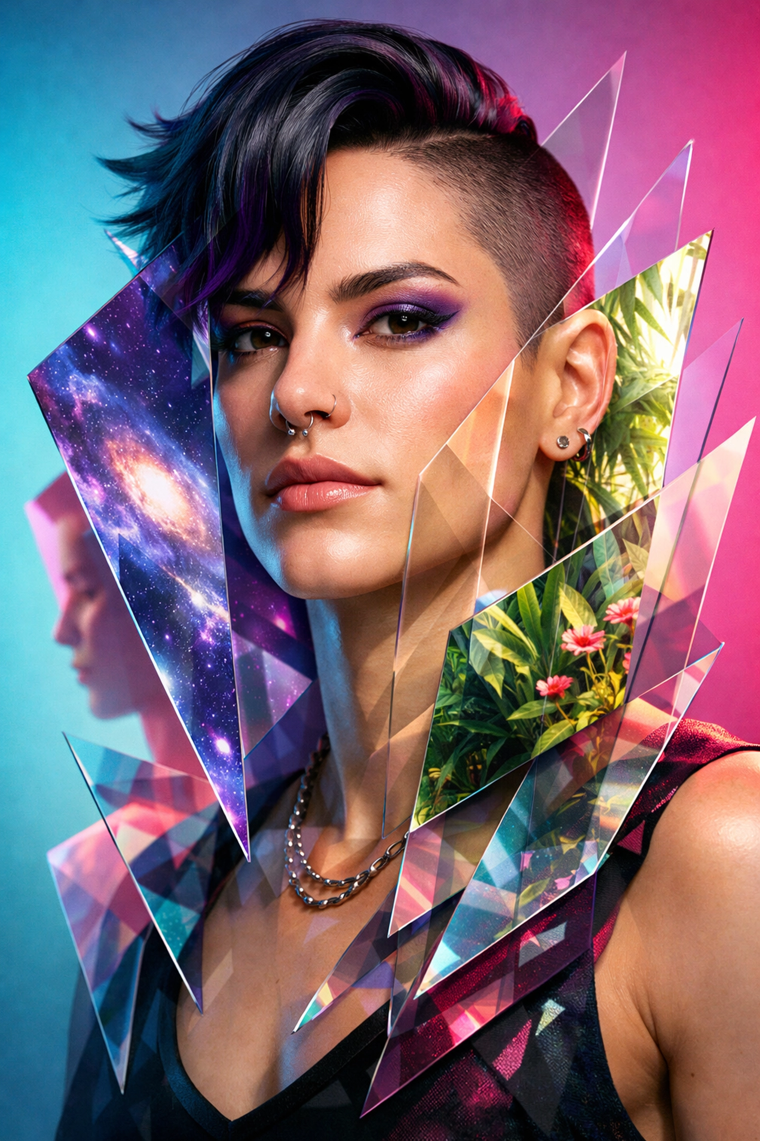 A non-binary person with reflective shards illustrating the science of gender and identity in LGBTQ+ fiction.