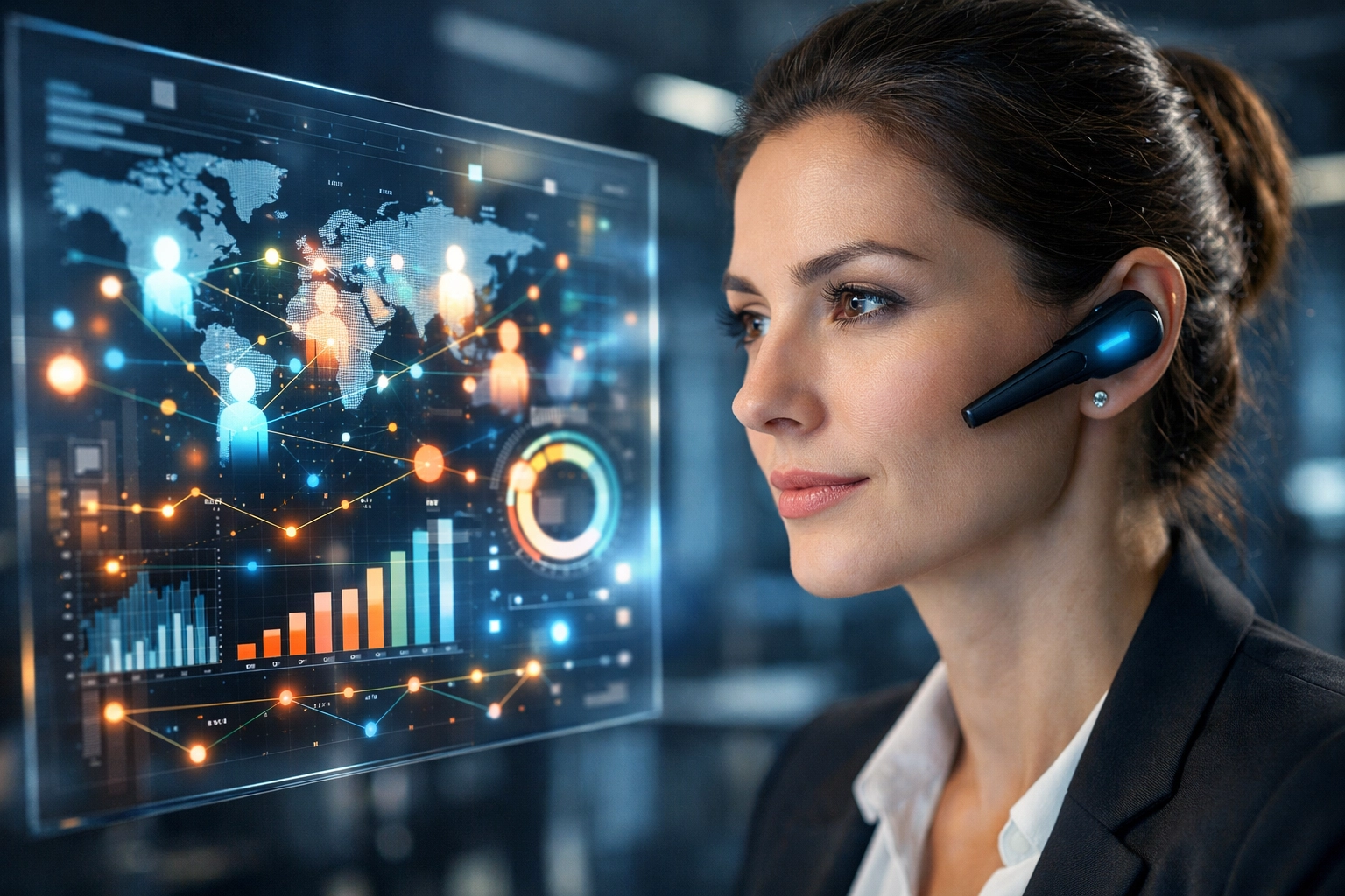 Customer service professional using AI and data visualization to provide personalized business IT solutions.