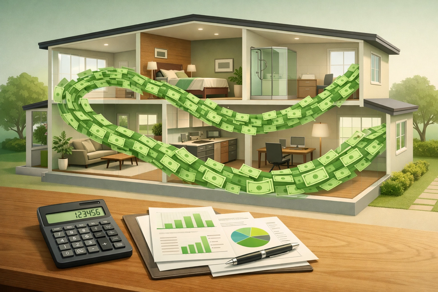 Real estate investment property showing positive cash flow analysis and financial planning