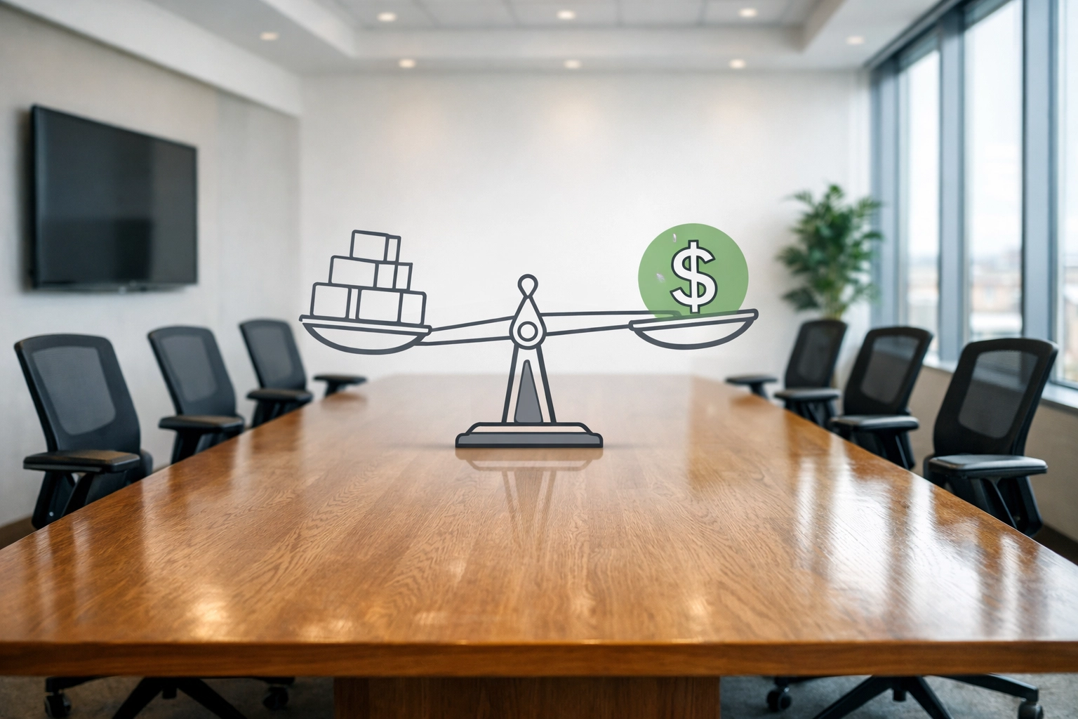 A modern boardroom with a balancing scale icon representing strategic resource management and sustainability.