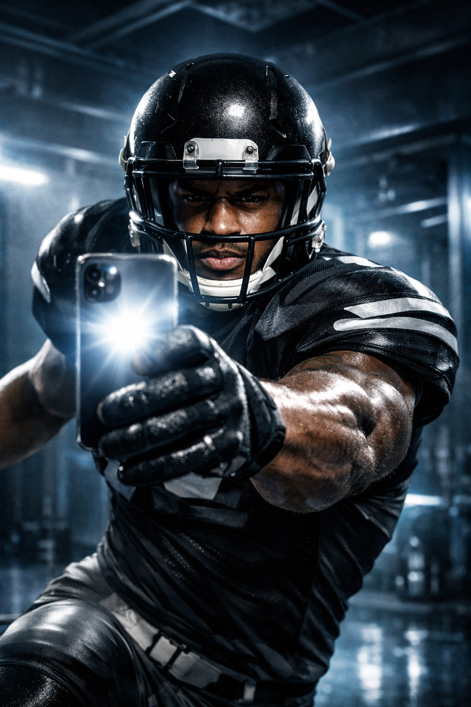 Professional athlete in football gear using a smartphone to drive digital NIL marketing engagement.