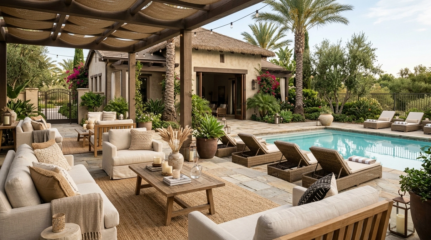 Upscale gated community clubhouse and pool details with refined Boho Chic aesthetic