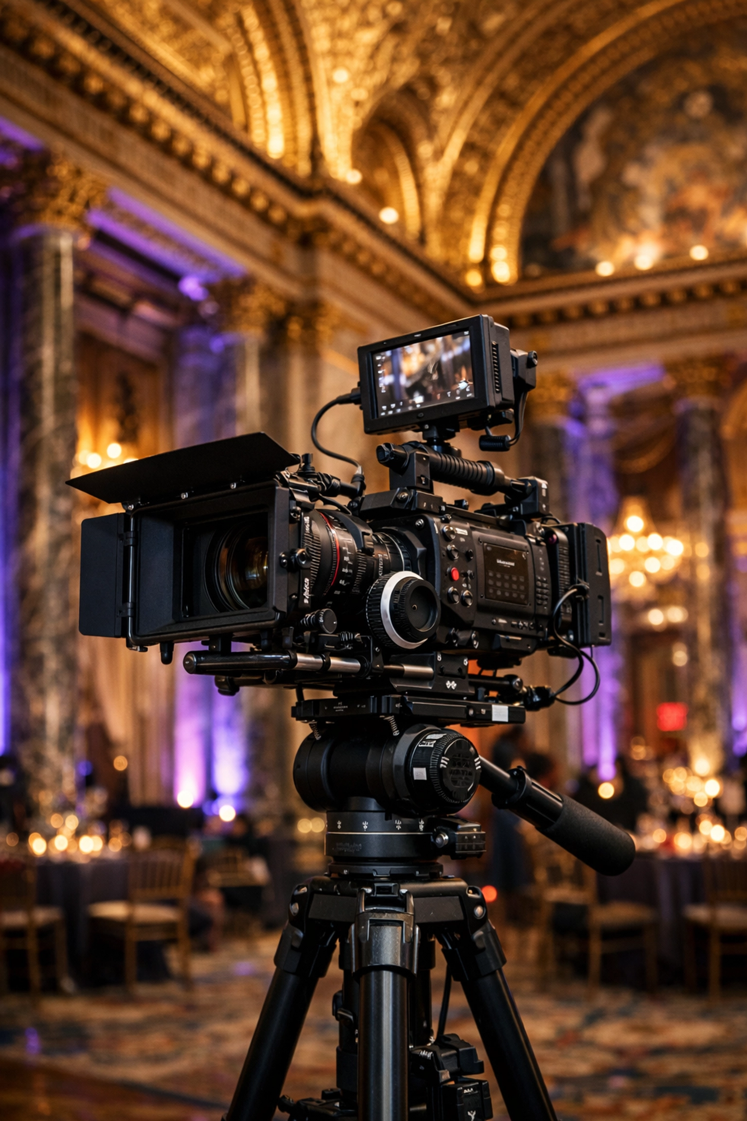 Professional event video production and conference videography setup in an ornate NYC ballroom.