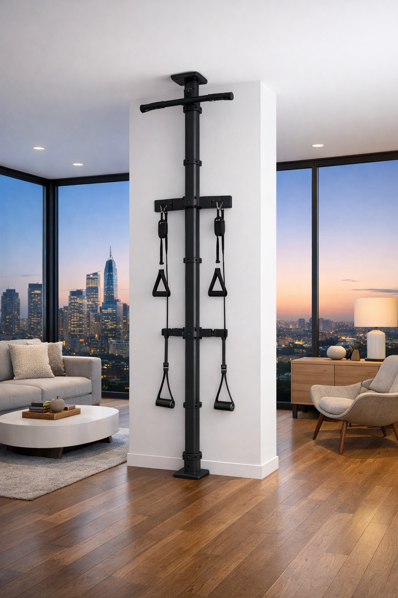 Sleek floor to ceiling gym system in a modern living room providing a no wall damage workout solution.
