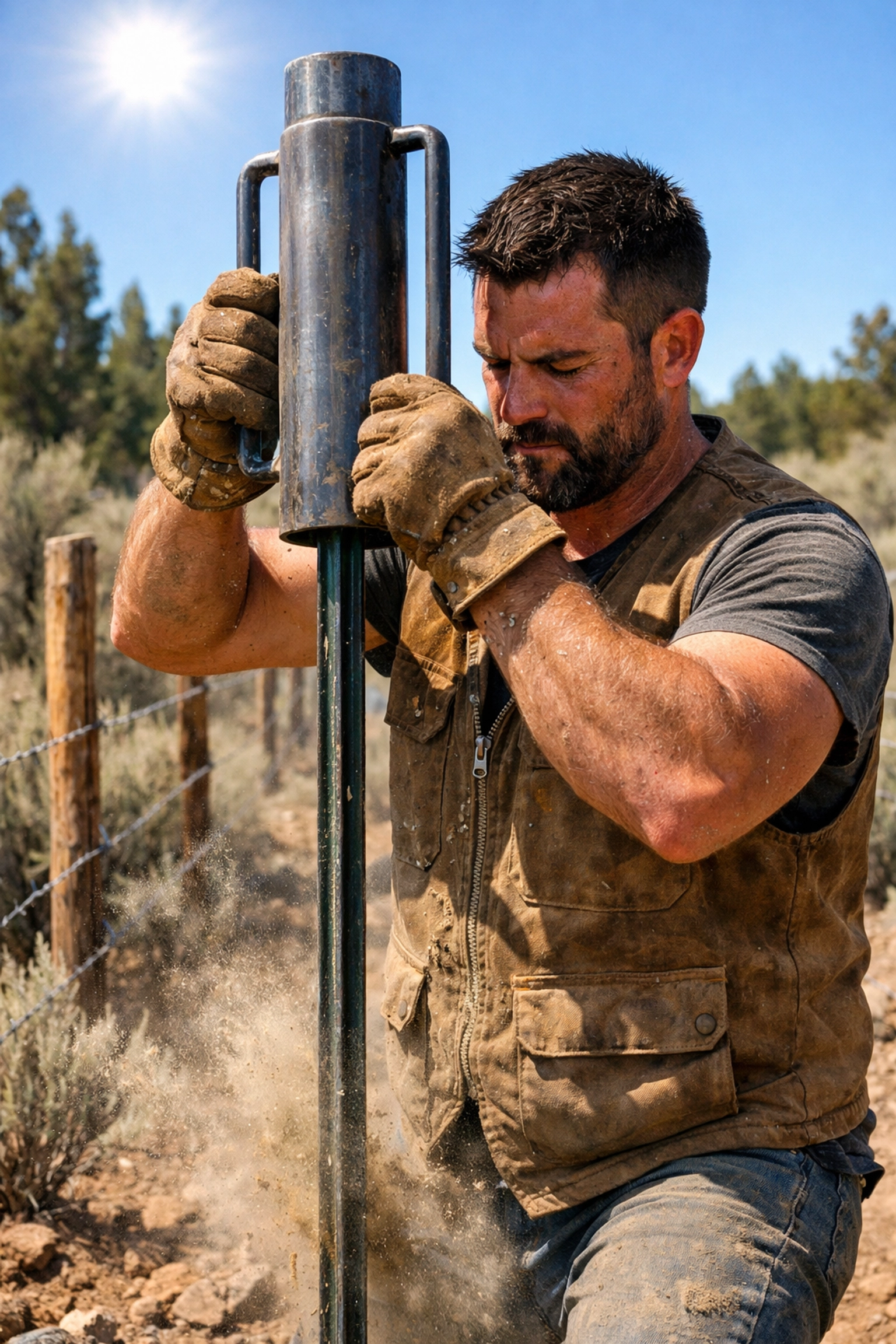 Jason Rutland building a fence on his homestead, showing how to live off grid with no money through hard work.