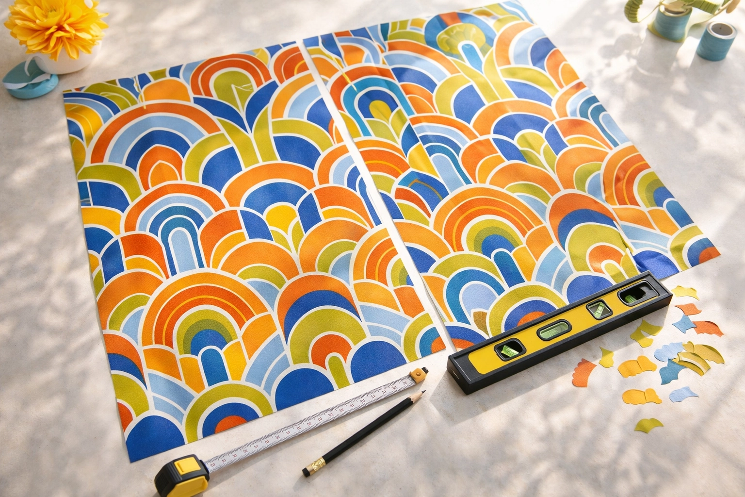 Removable wallpaper panels laid out on floor showing pattern alignment and measuring for installation