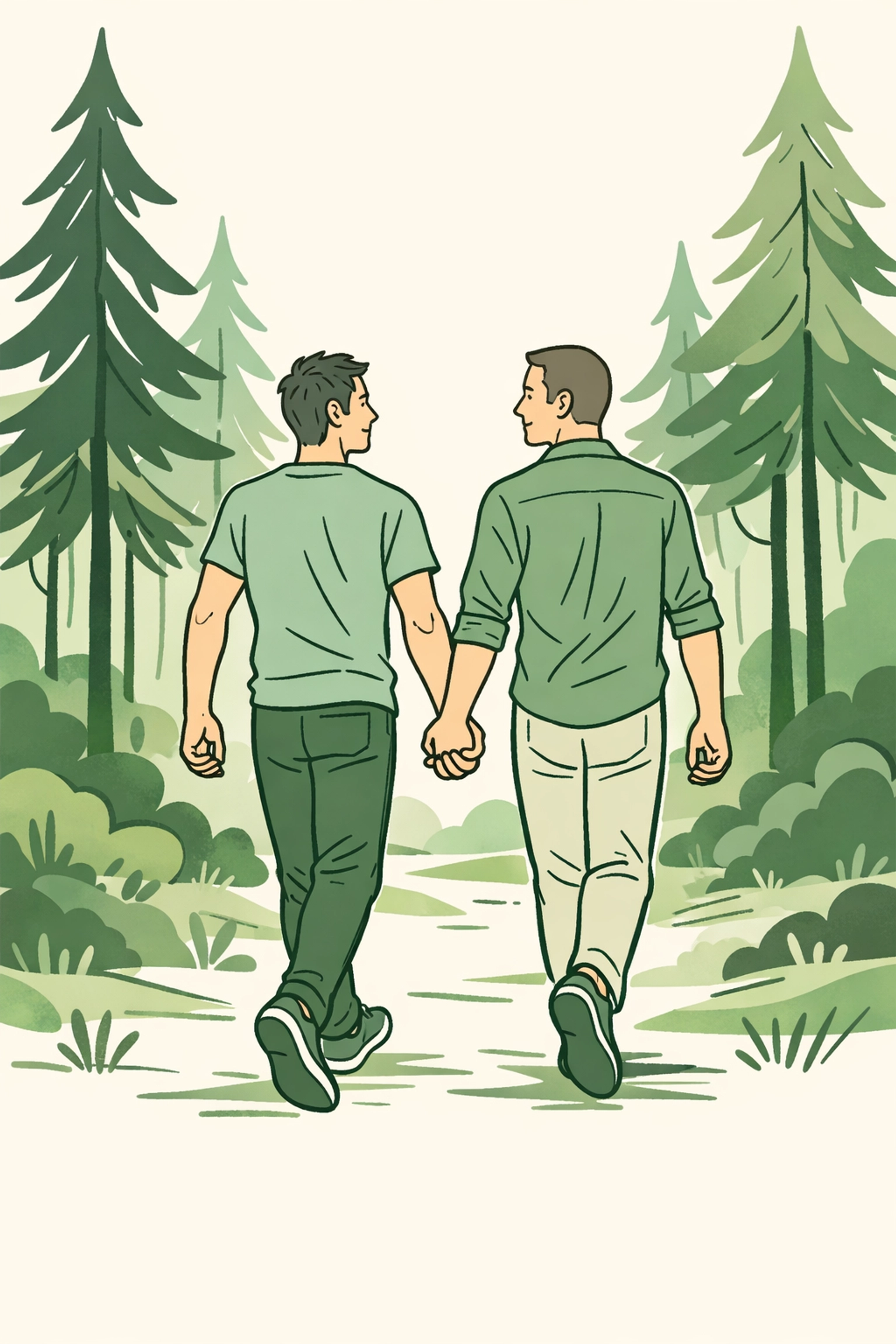 Confident MM couple walking in nature, highlighting the freedom of a body positive lifestyle.