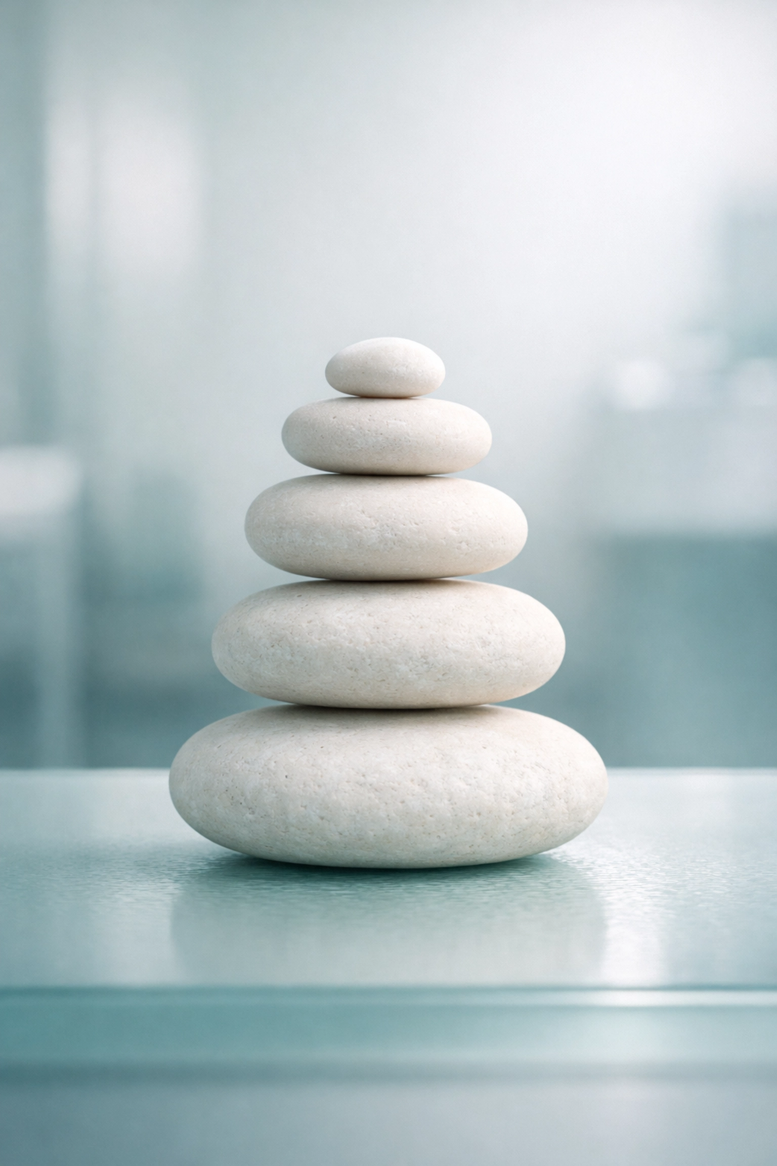Balanced white stones in a clinical setting representing a stable and trusted chiropractic reputation.
