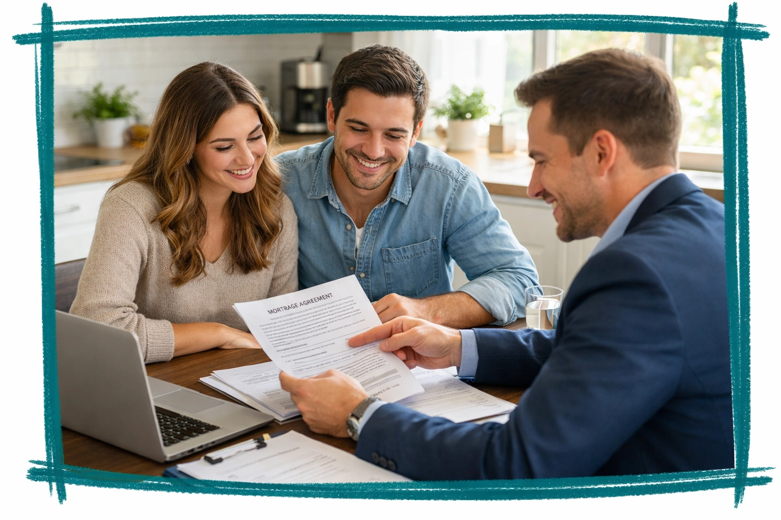 Home buyers reviewing mortgage pre-approval documents with loan officer