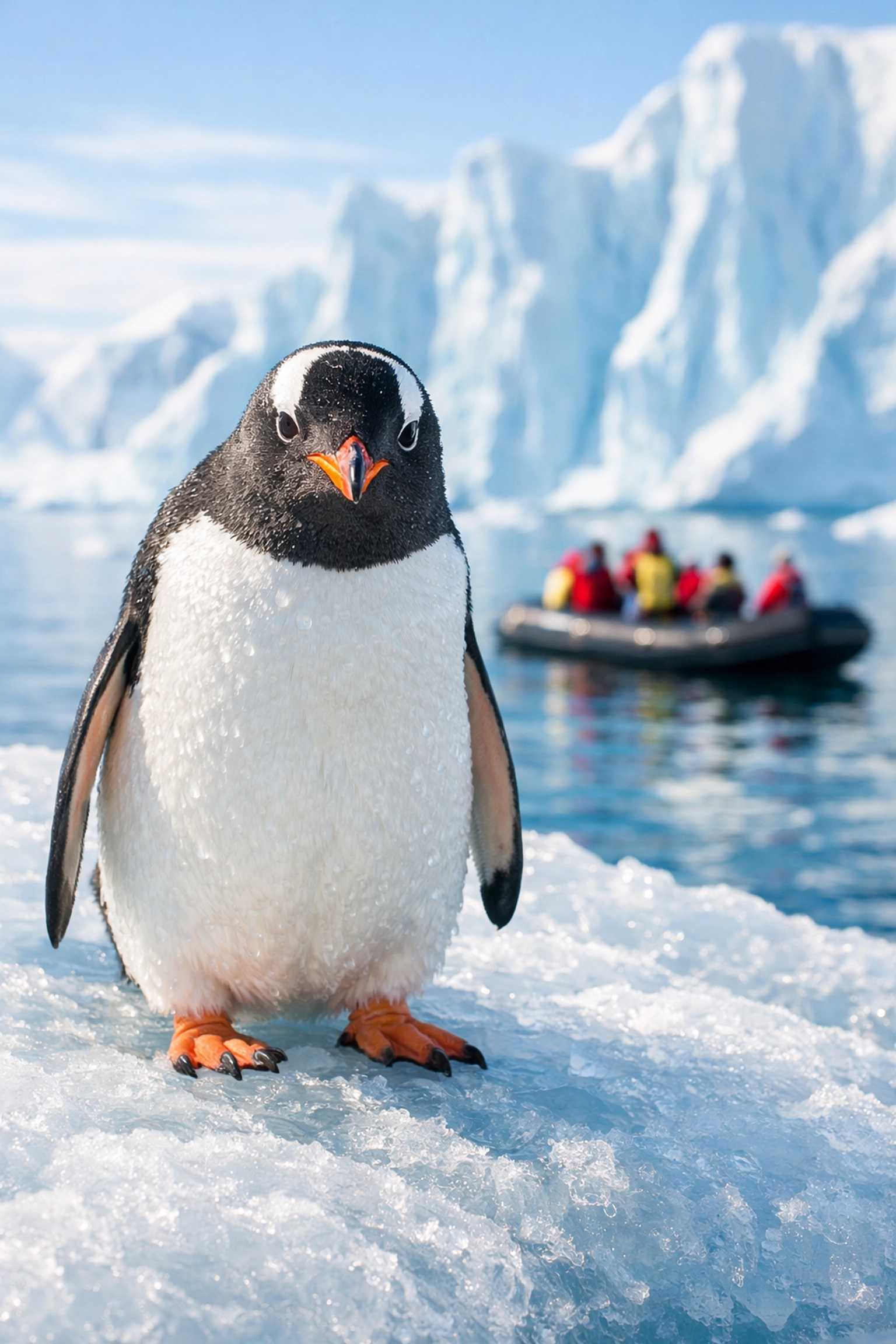 Gentoo penguin on an Antarctic ice shelf with a luxury zodiac boat and glaciers in the background.