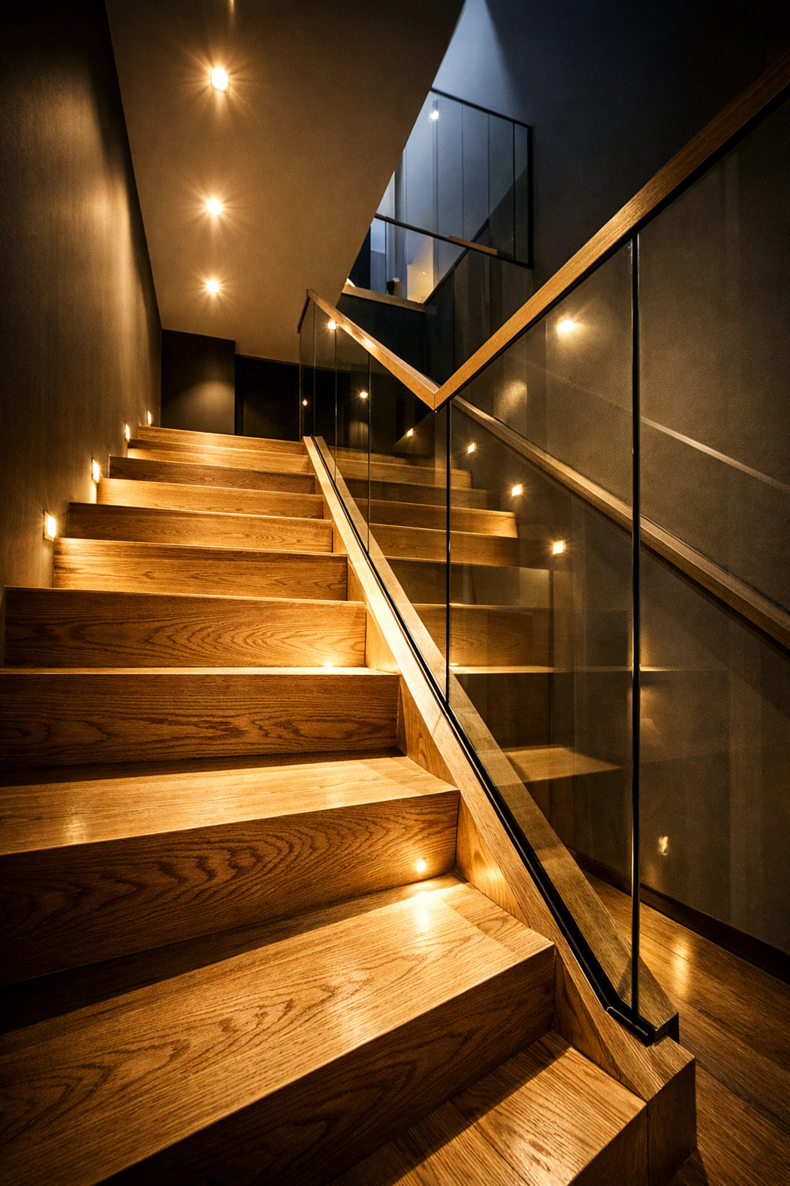 Bespoke oak and glass staircase in a West Sussex bungalow conversion by Swanbourne Construction.