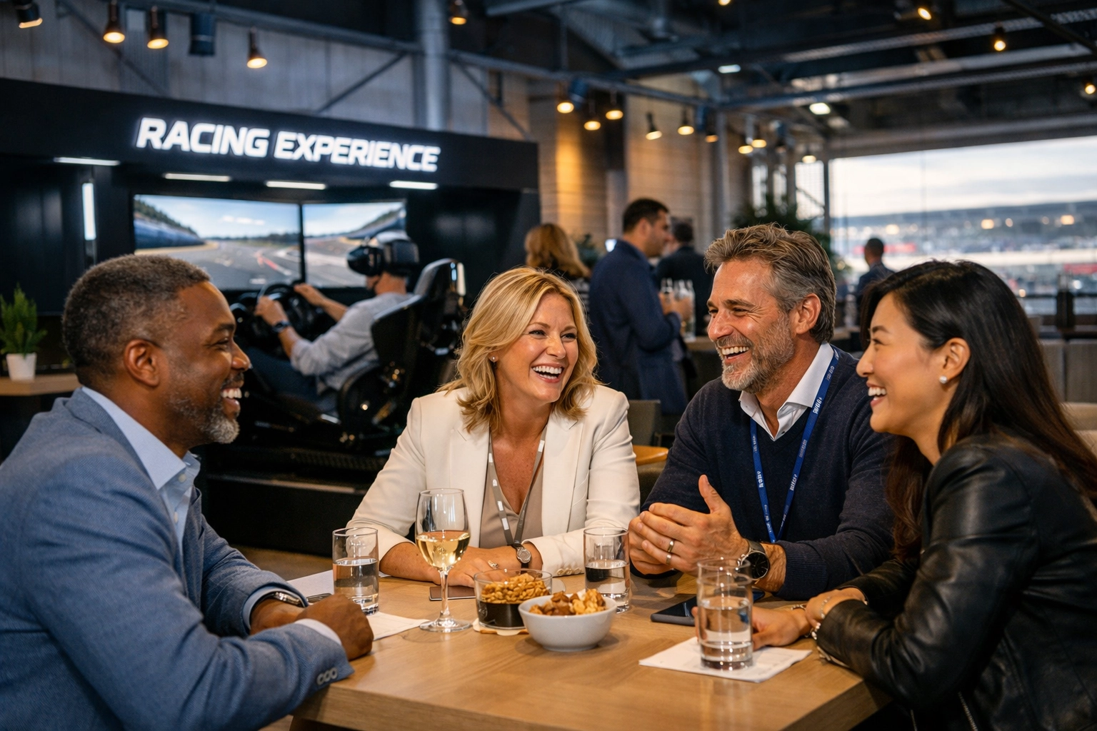 Business colleagues networking in a premium Super Bowl hospitality lounge featuring branded fan experiences.