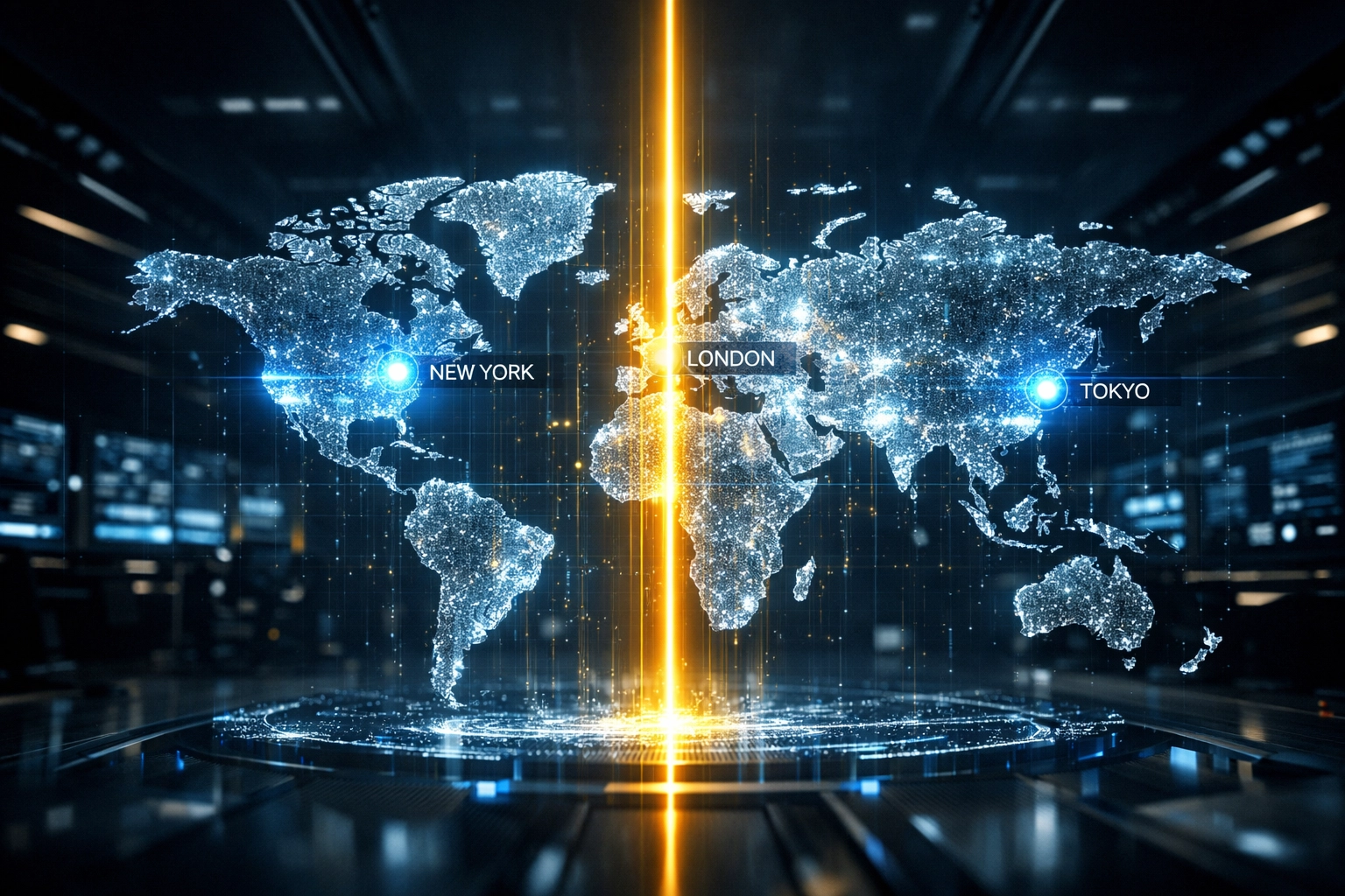 Glowing holographic world map showing global time zones and UTC offsets for meeting coordination.